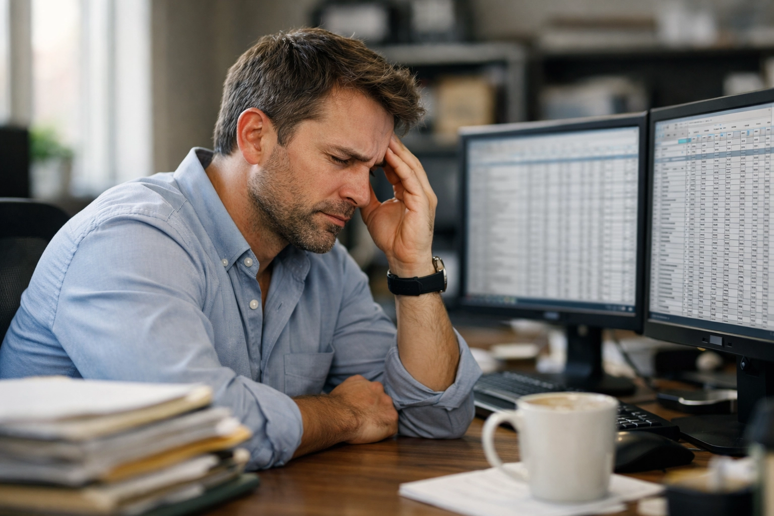 Überlasteter Mitarbeiter im KMU Büro analysiert komplexe Tabellen bei manueller Datenverarbeitung