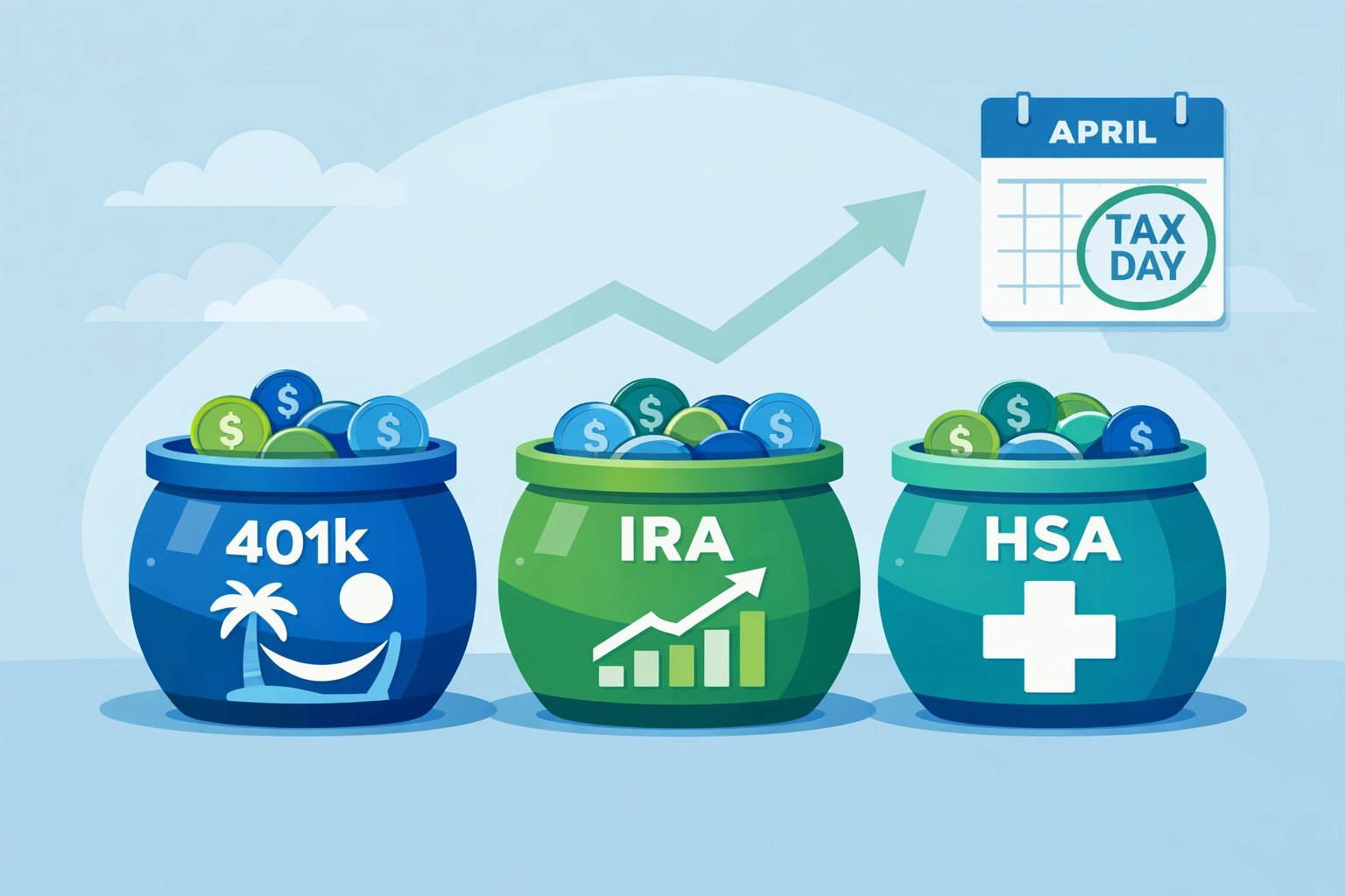 Retirement savings accounts including 401k, IRA, and HSA to maximize tax refund contributions