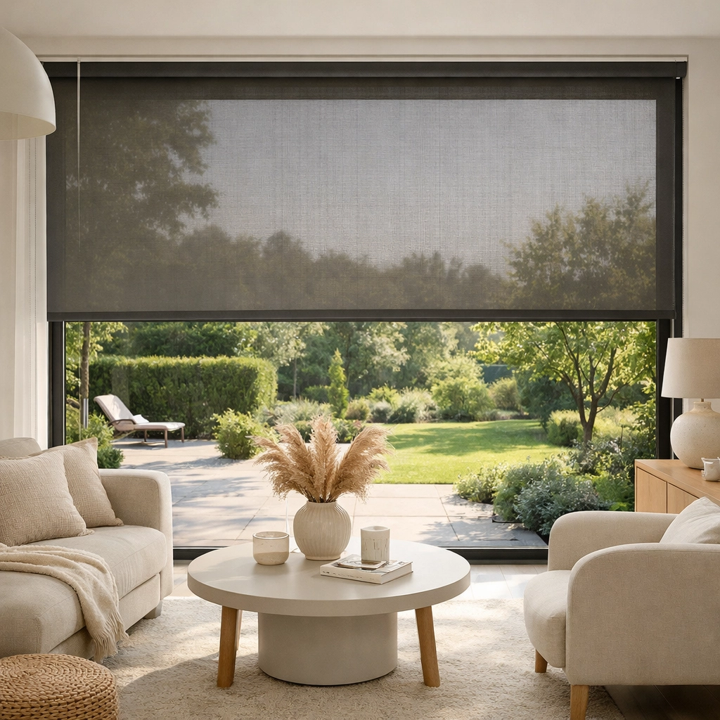 Innenansicht: Ein Zip Screen Wien bietet effektiven Sonnenschutz bei gleichzeitigem Blick nach draußen.