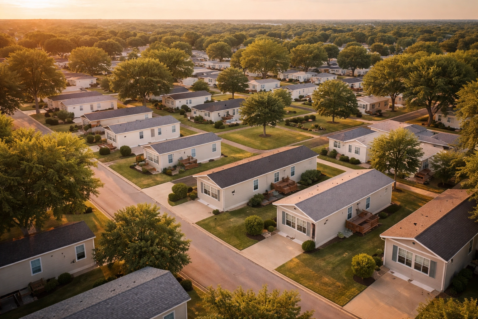 Aerial view of a peaceful manufactured home community in Texas with tree-lined streets