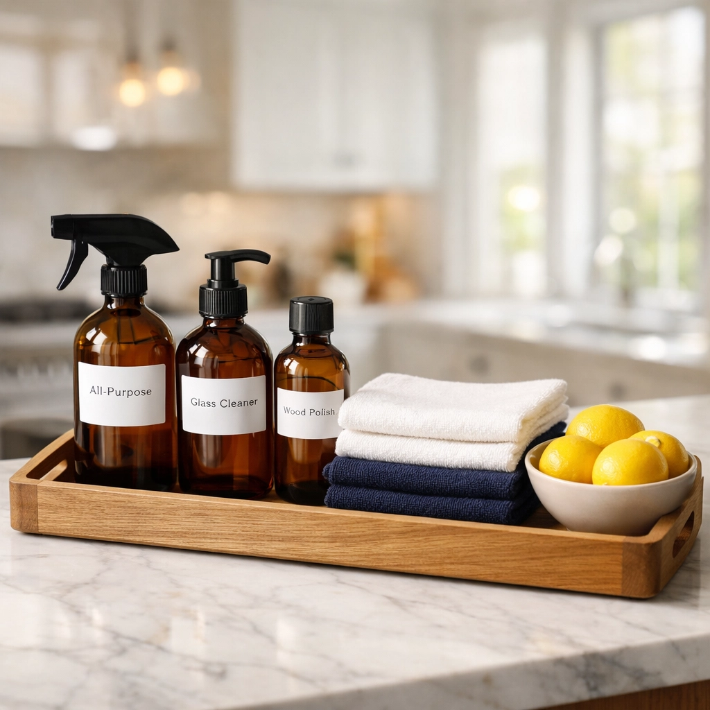 Eco-friendly products and microfiber cloths for residential cleaning Massachusetts in luxury Dover kitchens.