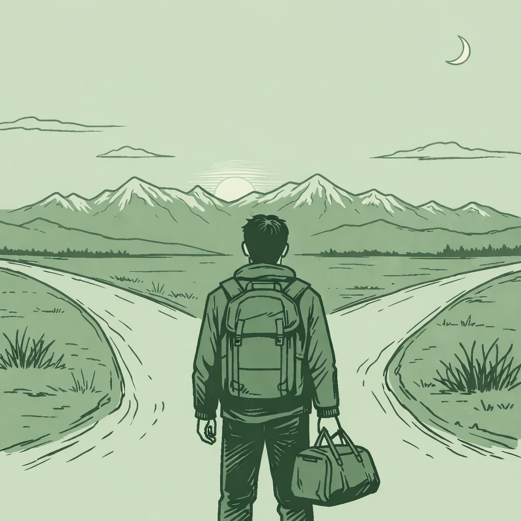 LGBTQ+ refugee fleeing Chechnya at crossroads with Caucasus mountains behind