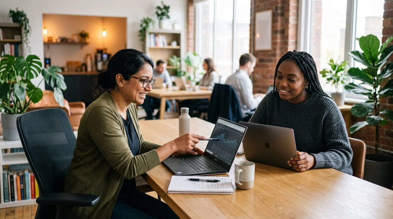 Small business team collaborating over laptops in a modern office