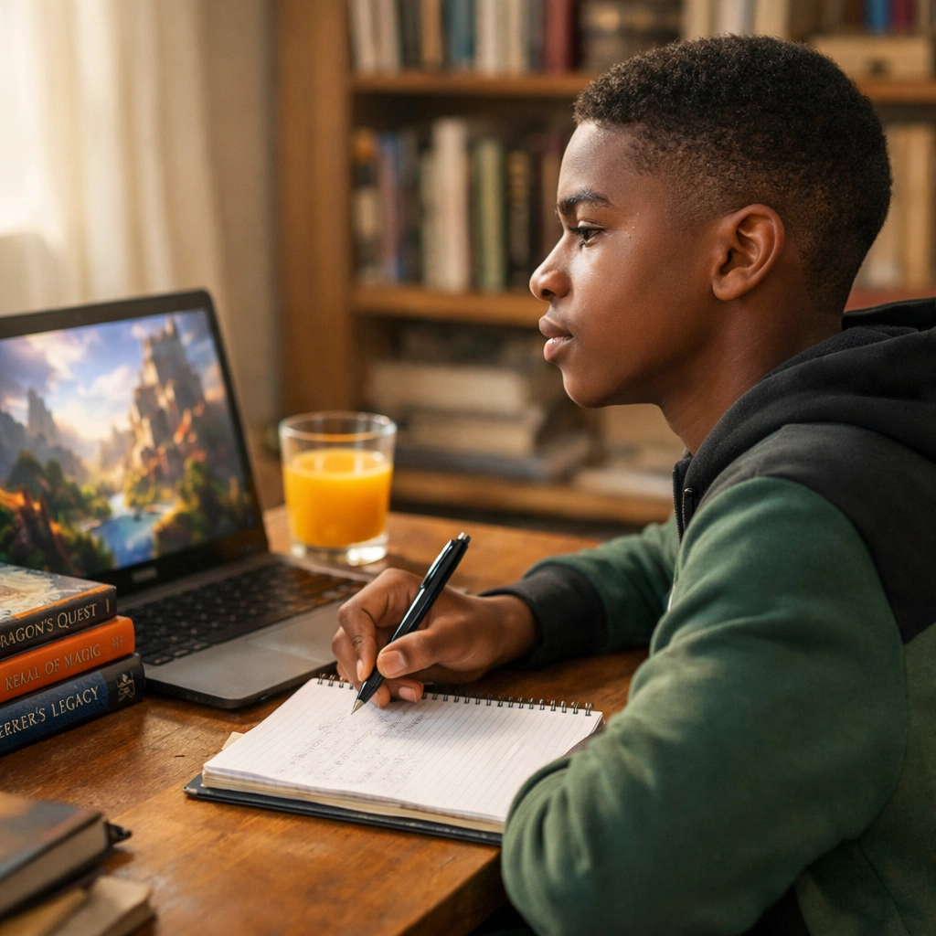 A focused young boy at a desk writing in a notebook, bridging the gap between video games and storytelling.