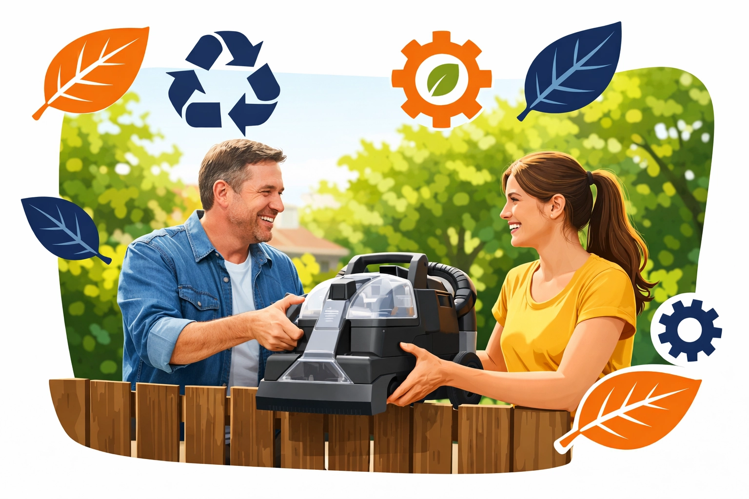Neighbors sharing a professional carpet cleaner over a fence to support the circular economy.