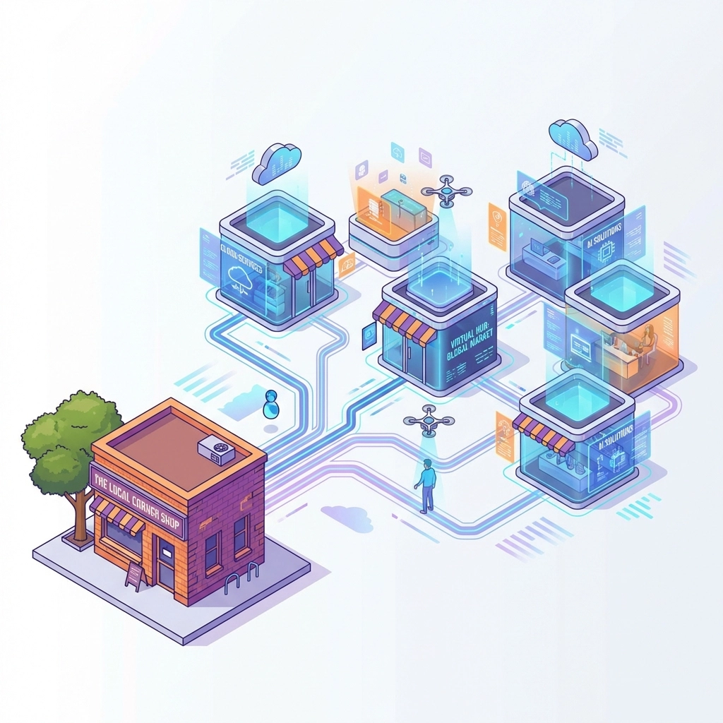 Illustration of a small business scaling from local shop to multi-location and virtual storefront with Web3 crypto POS systems.