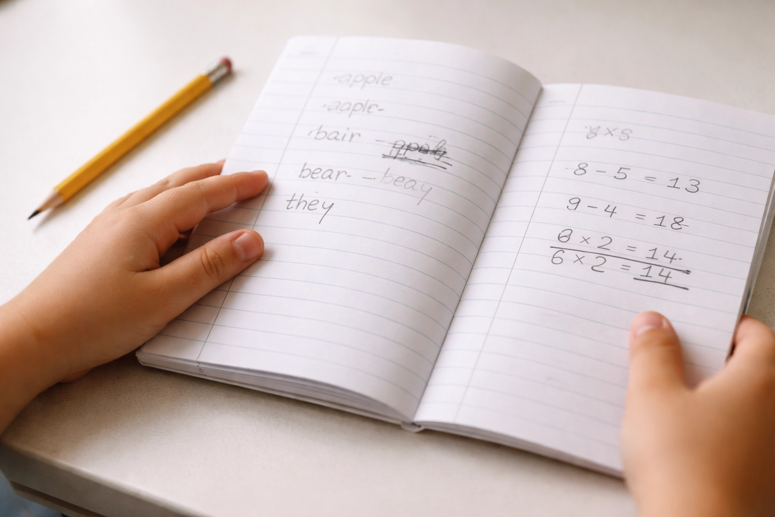 Close-up van handen van een kind met schrift en doorgestreepte fouten, huiswerk is leerproces