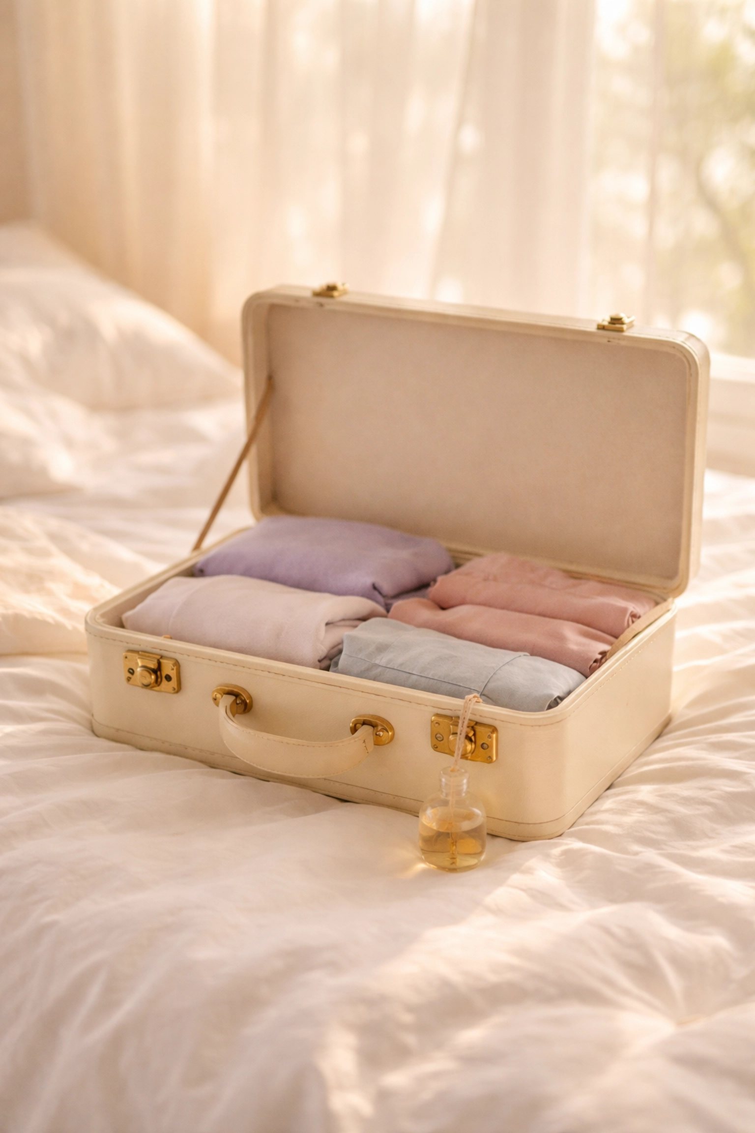 Open suitcase on a tidy bed with a hanging diffuser, illustrating how to keep luggage and clothes smelling fresh during travel.