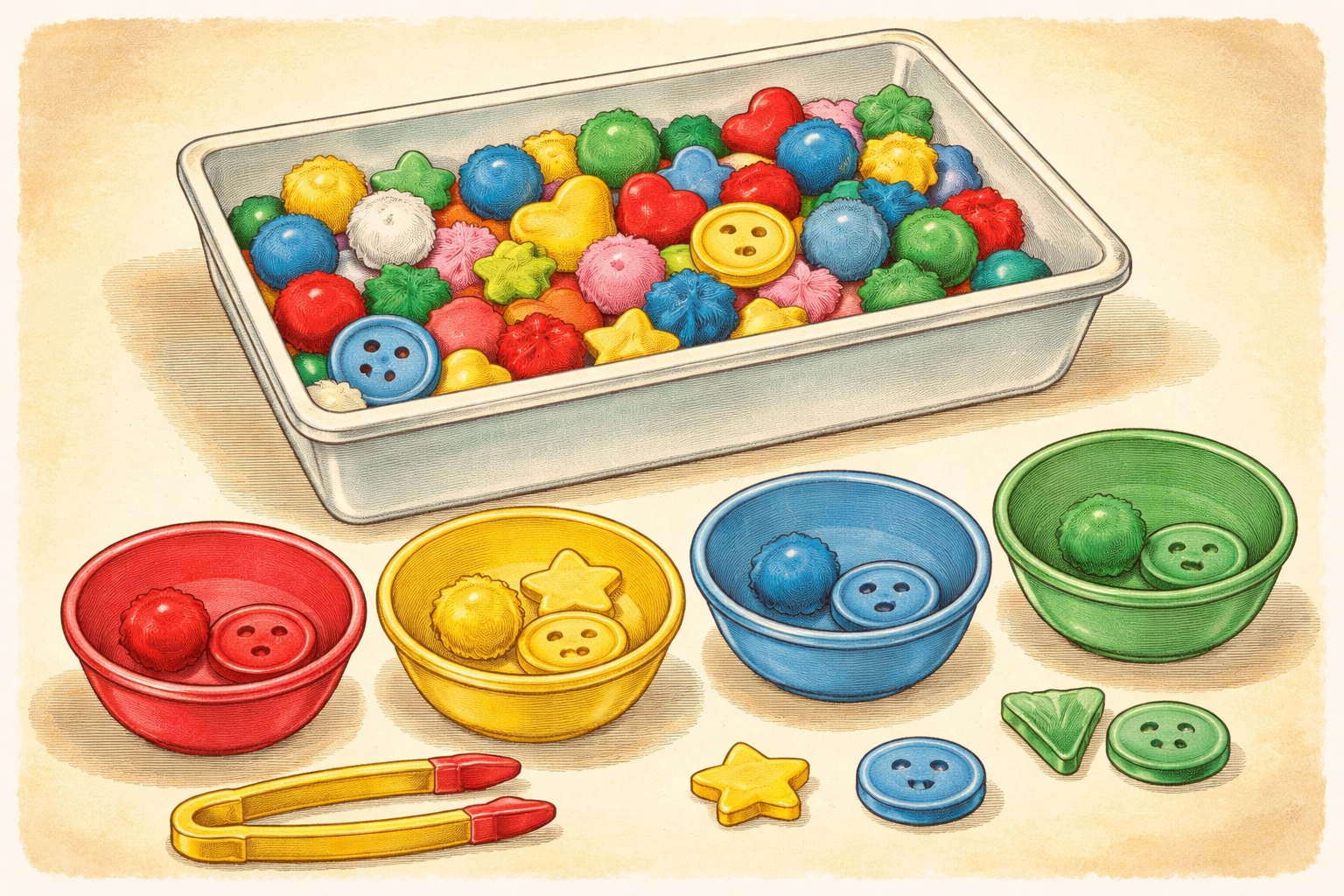 Bird's-eye view of a color matching bin filled with mixed objects and four brightly colored bowls ready for sorting by kids