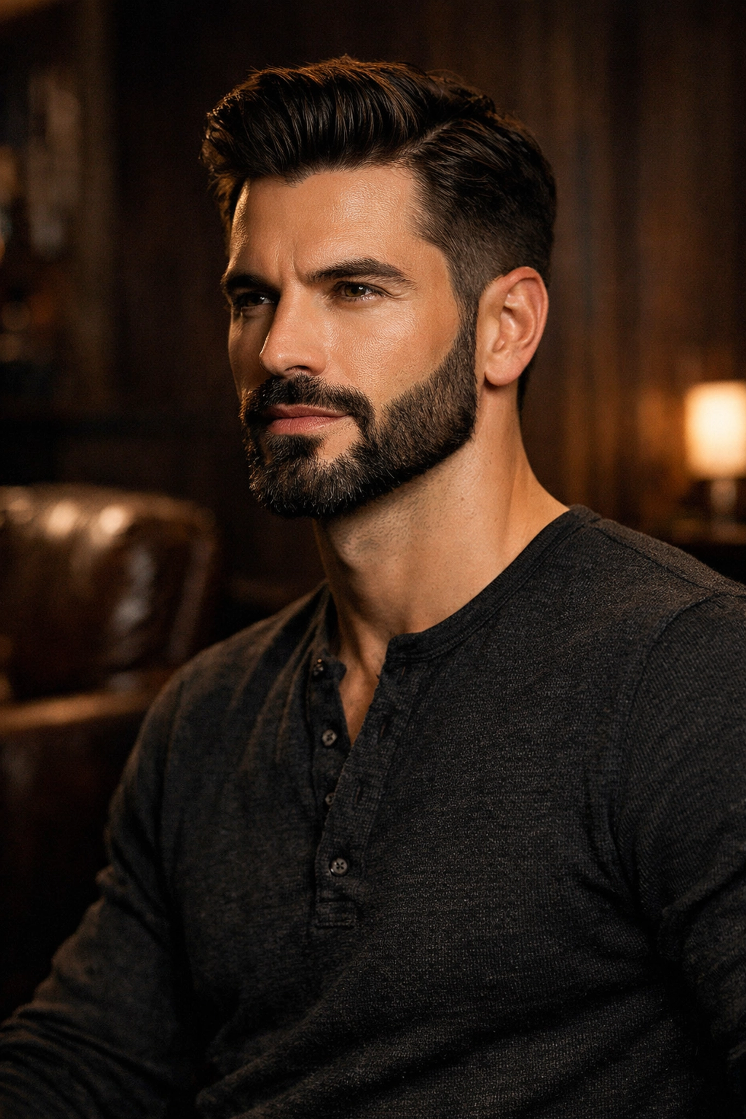 Man with a sharp, professionally groomed beard and mustache showing all-day hold and control.