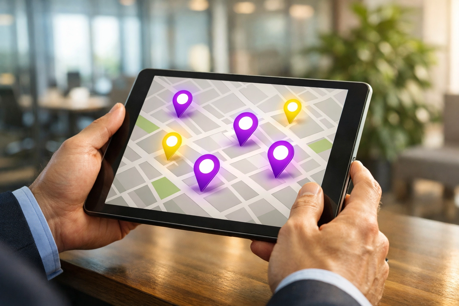 A business owner checking Google Maps pins on a tablet to ensure local SEO consistency and Map Pack ranking.