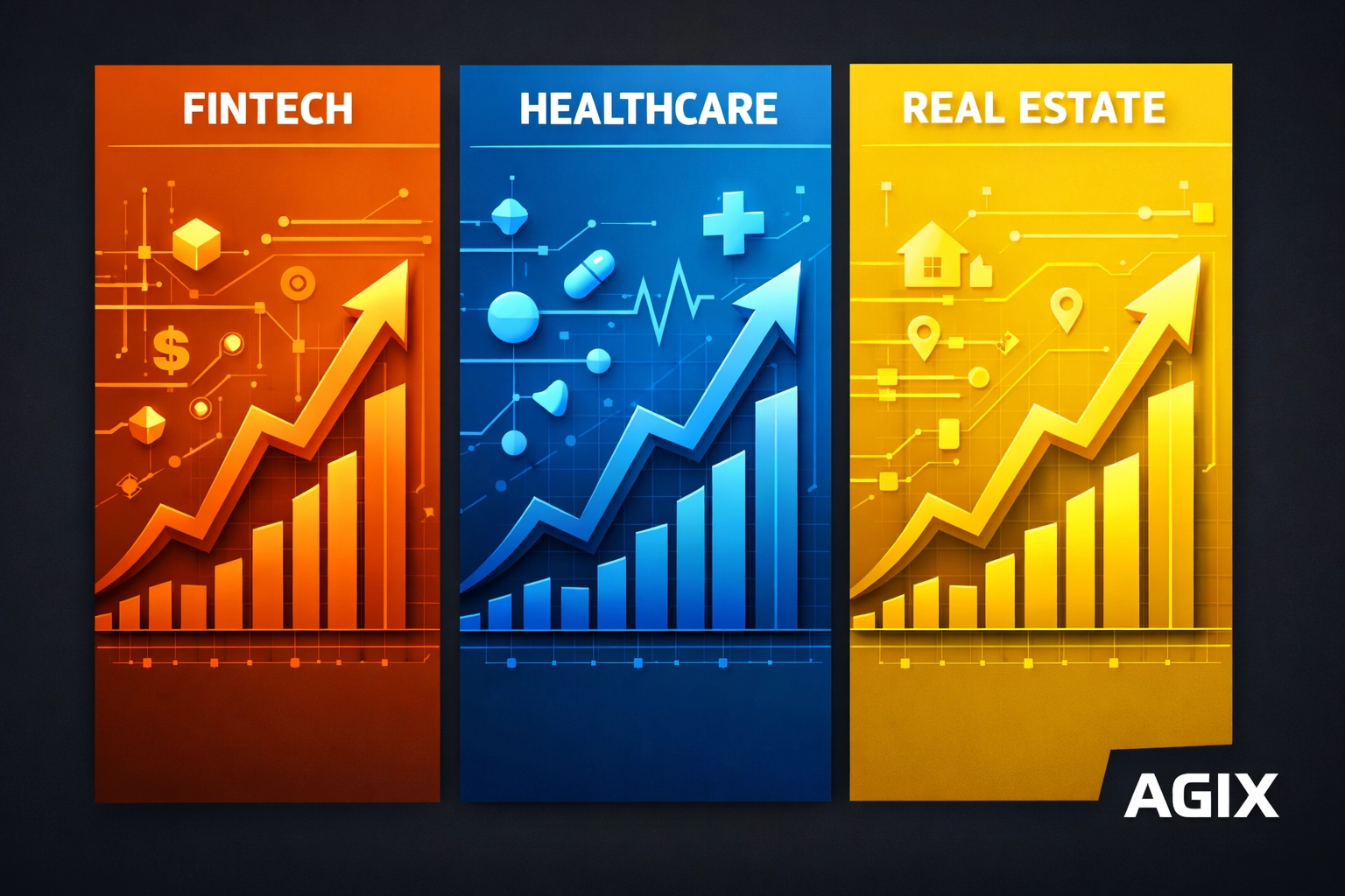 Growth chart showing AI ROI and performance metrics for Fintech, Healthcare, and Real Estate sectors.