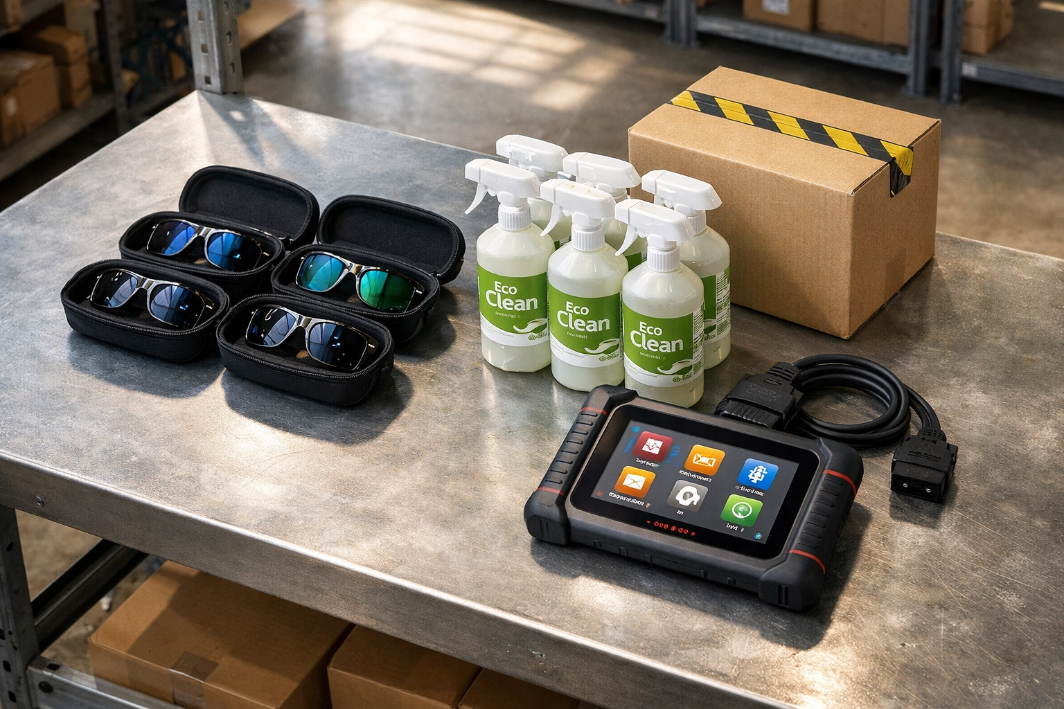 Niche wholesale products and shipping boxes on a warehouse table for Amazon FBA inventory inspection.