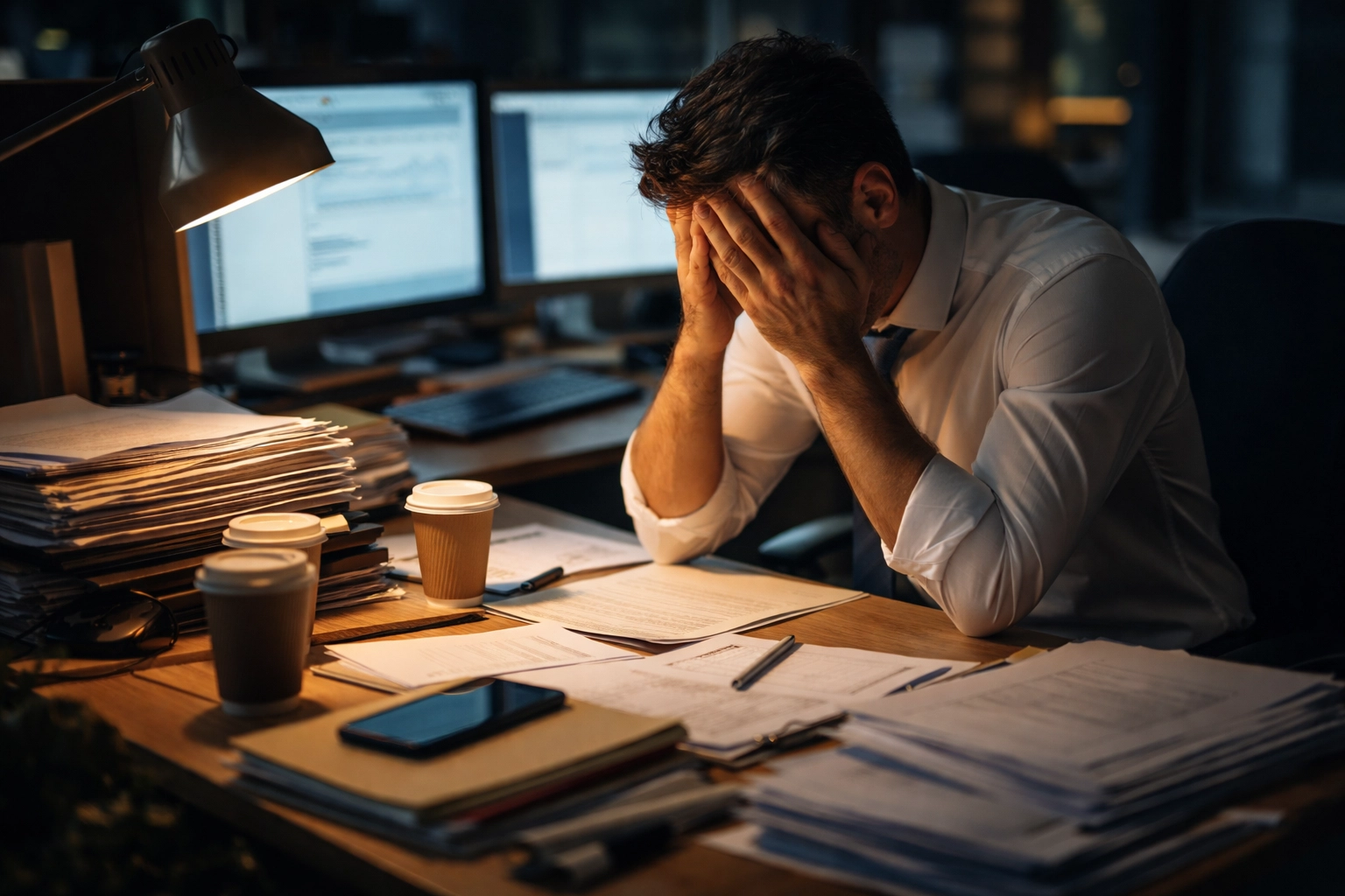 Stressed business professional at cluttered desk late at night, illustrating burnout in tax advisory work.