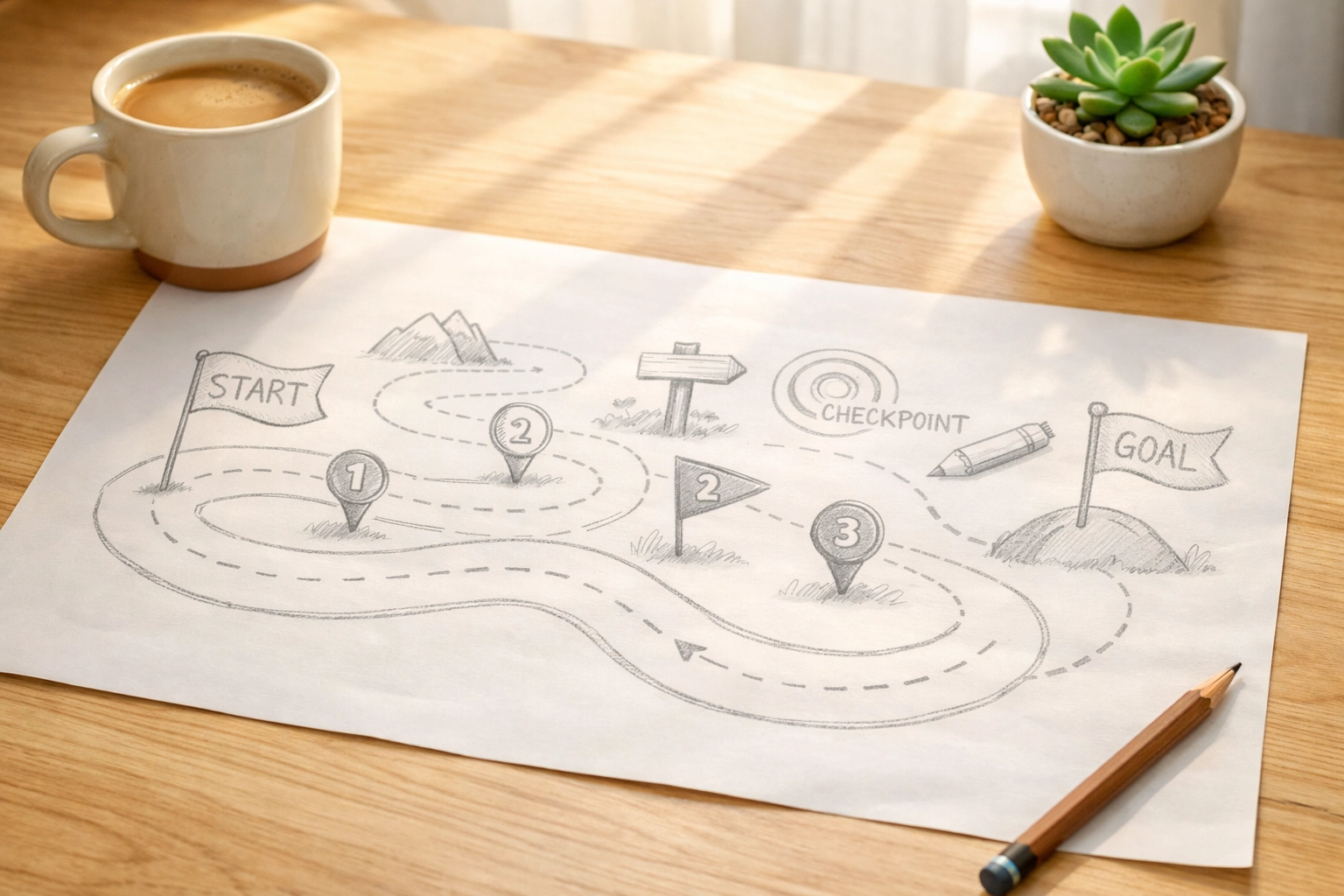Simple roadmap and coffee on desk representing organized home selling timeline and stress-free planning Simple roadmap and coffee on desk representing organized home selling timeline and stress-free planning
