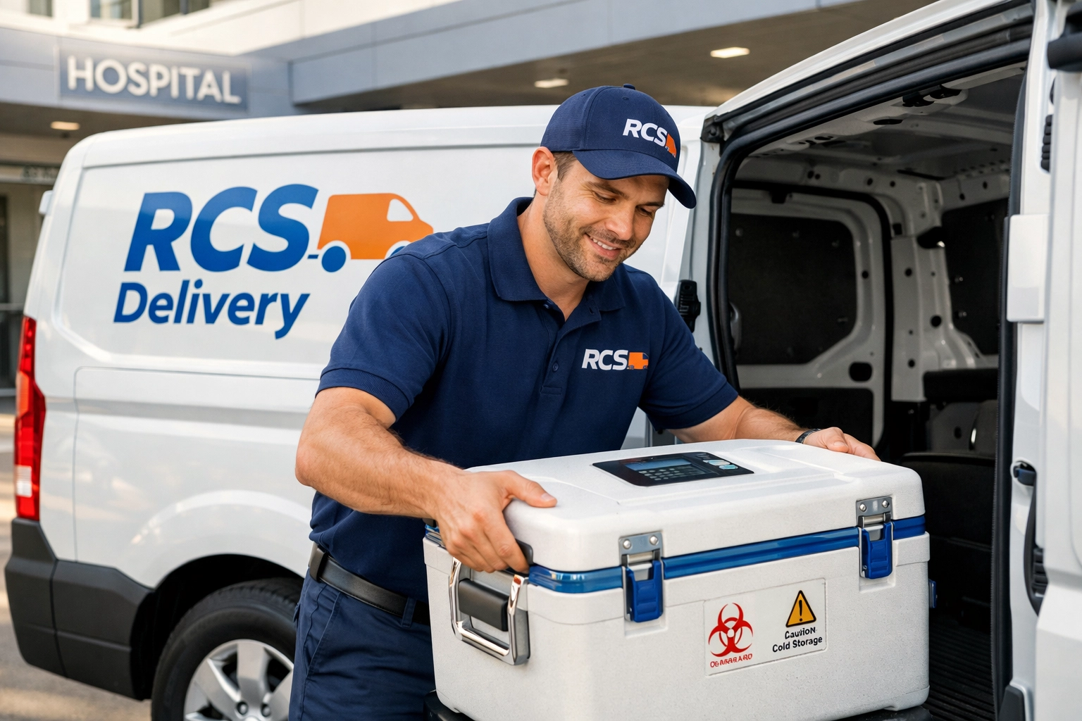 Professional RCS Delivery courier loading a specialized medical cooler into a branded van for secure specimen transport.