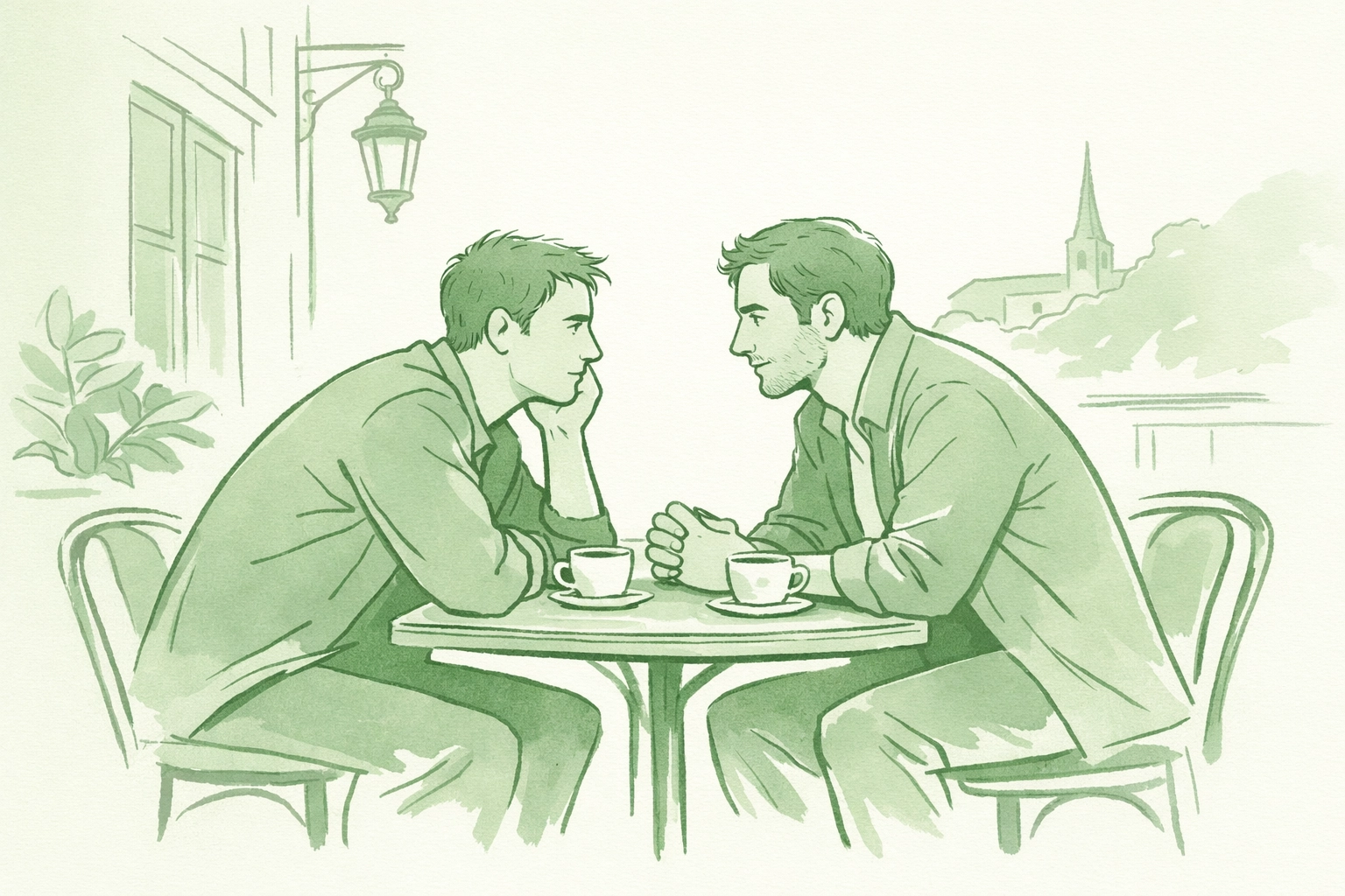 Gay couple in intimate café conversation - emotional MM romance and authentic connection