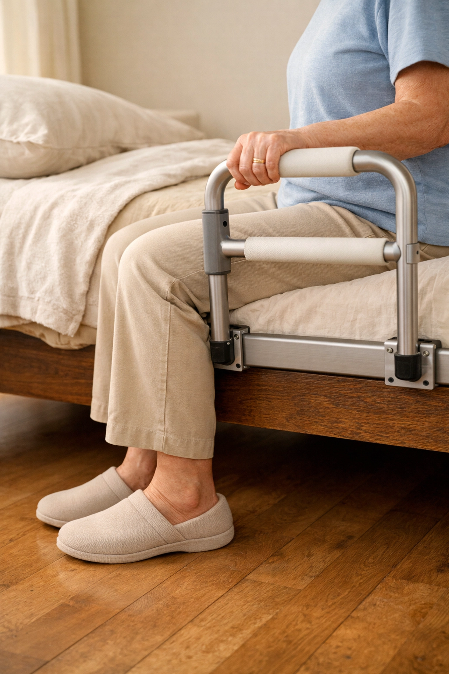 Senior sitting on bed at proper height with feet flat on floor for safe transfers
