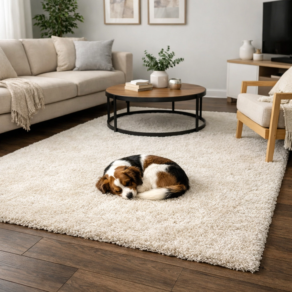 A small dog sleeping on an area rug over dark-wood style laminate flooring in a pet-friendly Saskatoon home.