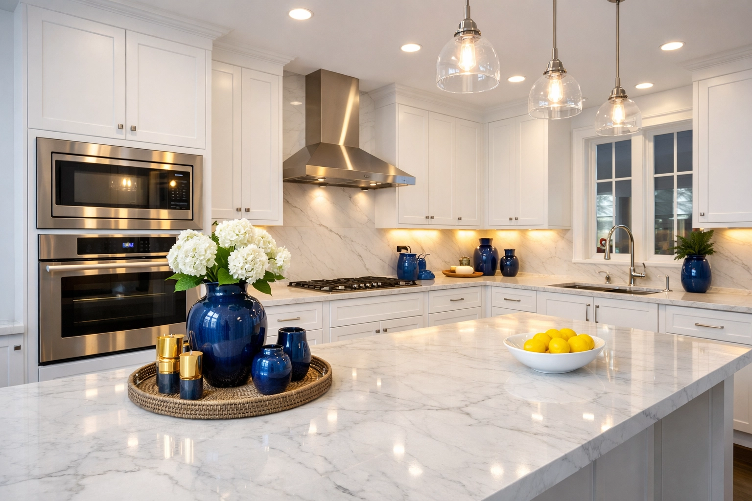 A sparkling clean luxury kitchen after a professional weekly house cleaning service by The Cleaning Ninjas.