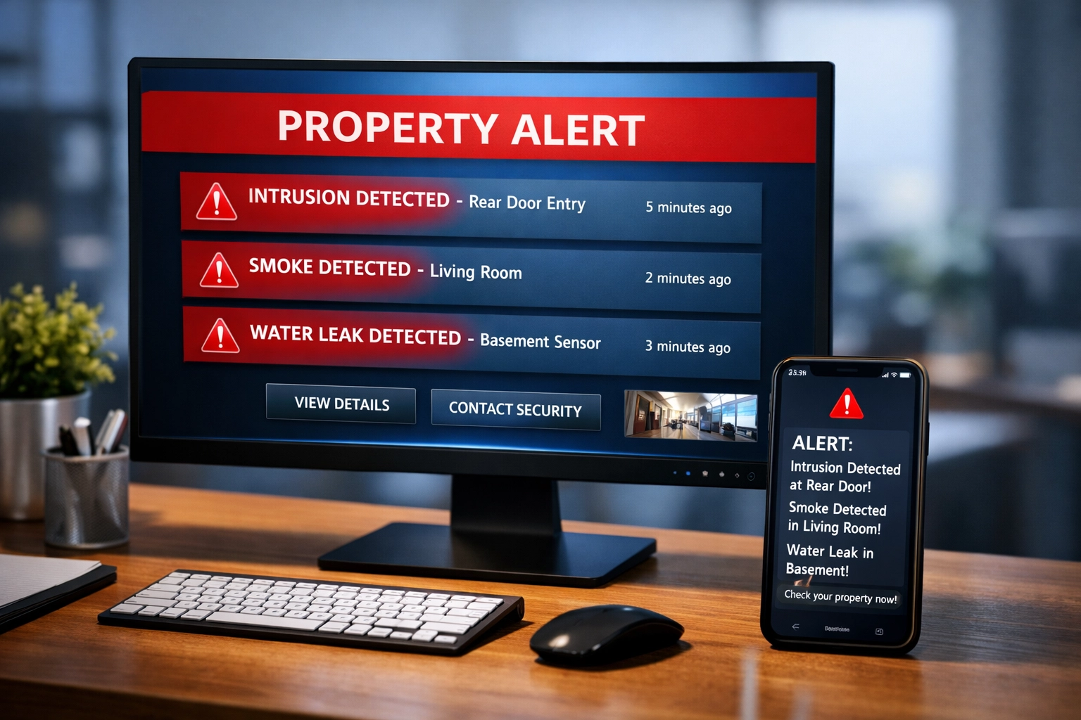 Property owner alert notification system showing real-time deed filing alerts on computer and phone