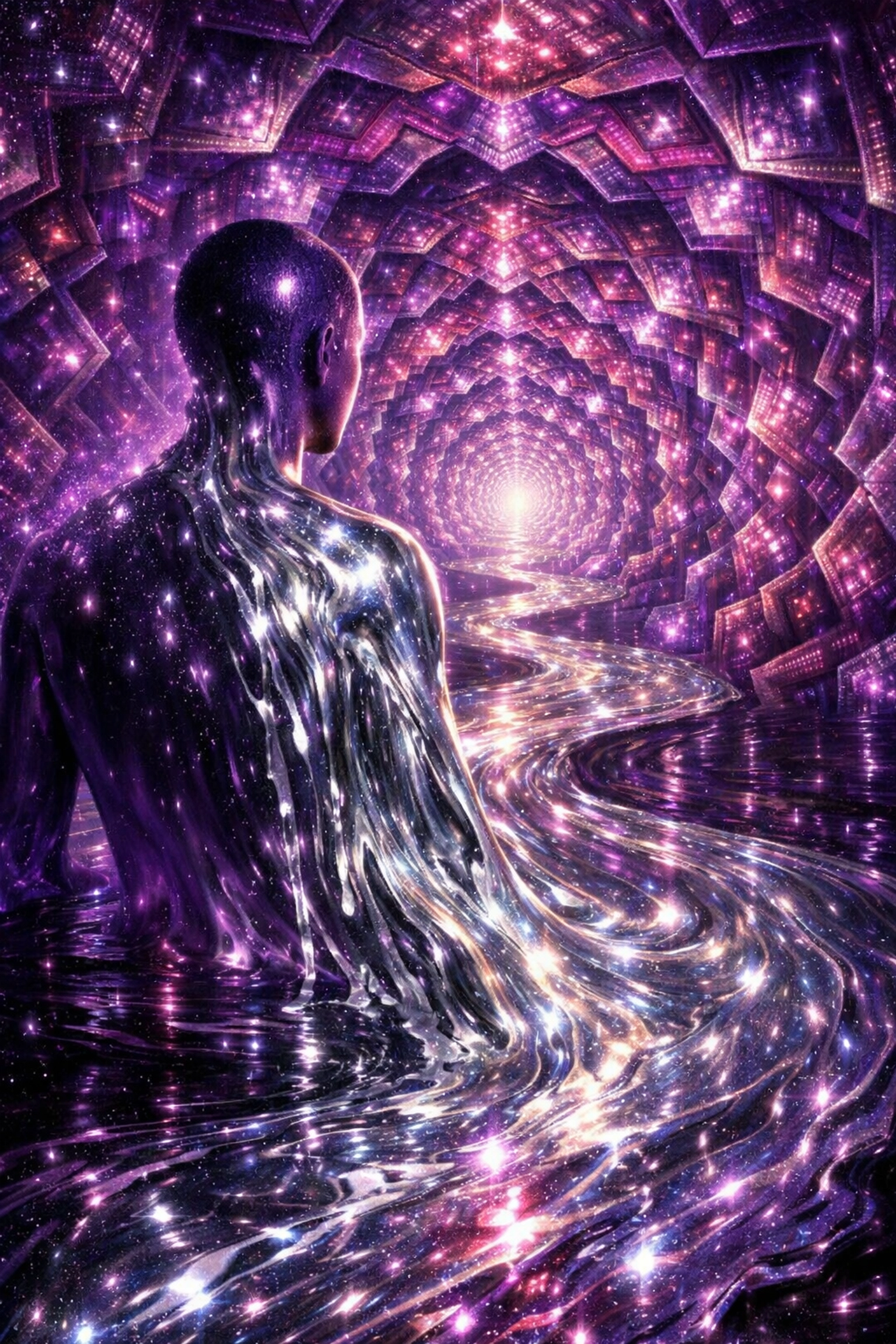 A silhouette entering a psychedelic flow state to unlock peak productivity and focus.