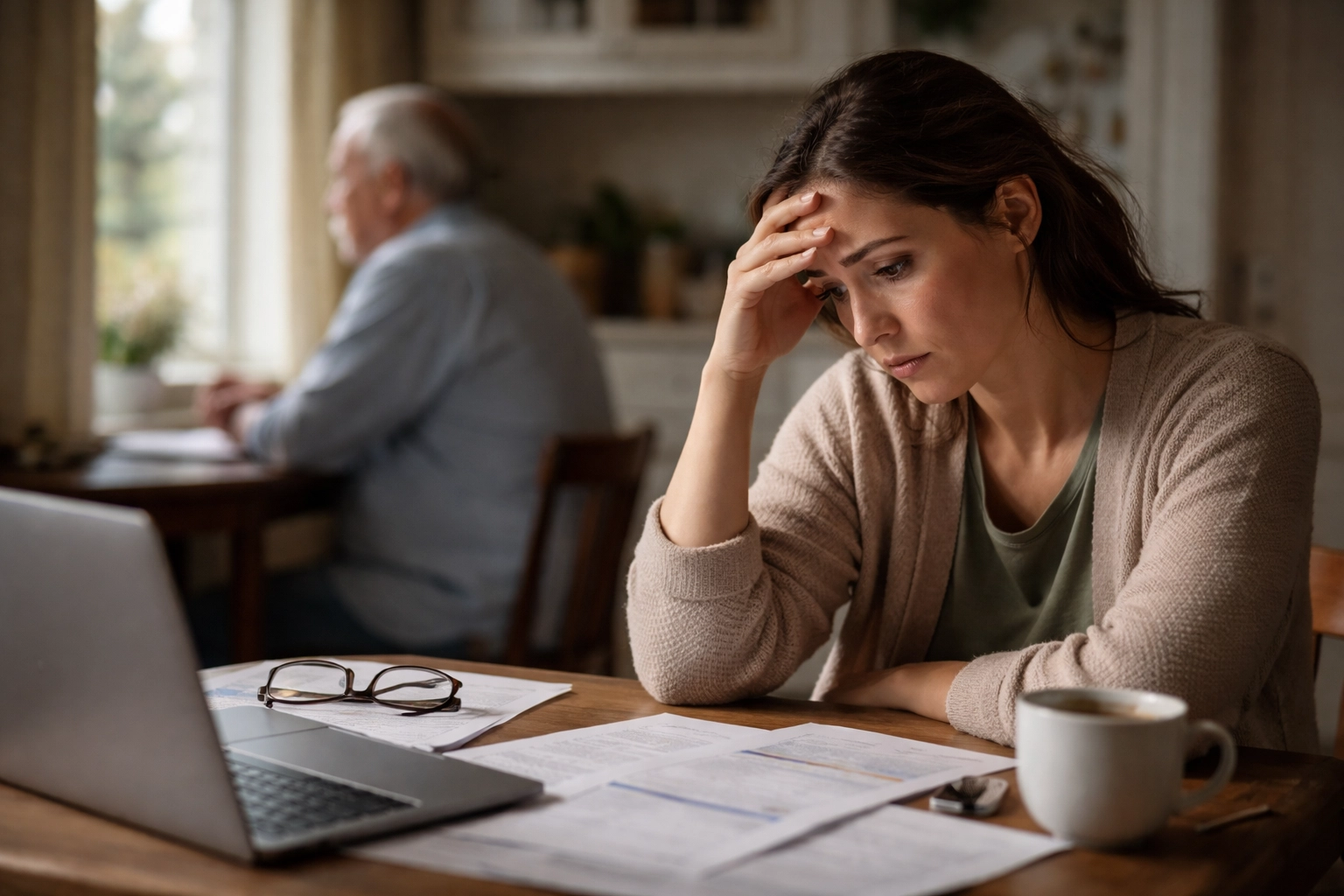 Stressed adult daughter managing family caregiving responsibilities at home in Sarasota.