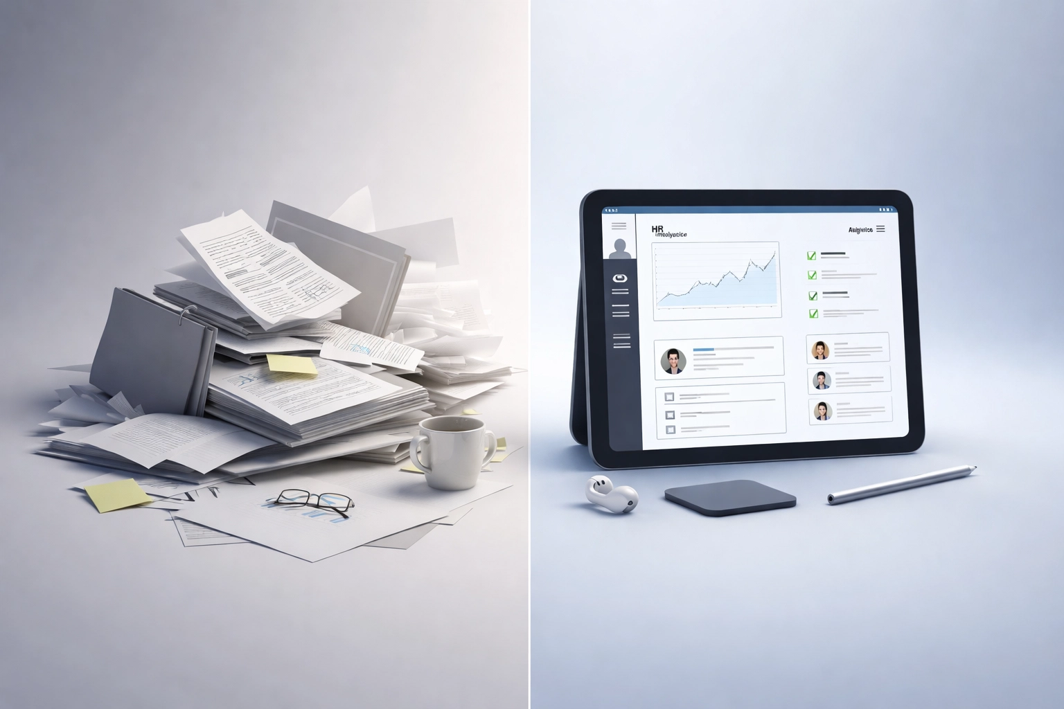 Transition from paper documents to digital HR dashboards showing charts and checkmarks, highlighting HR automation benefits.