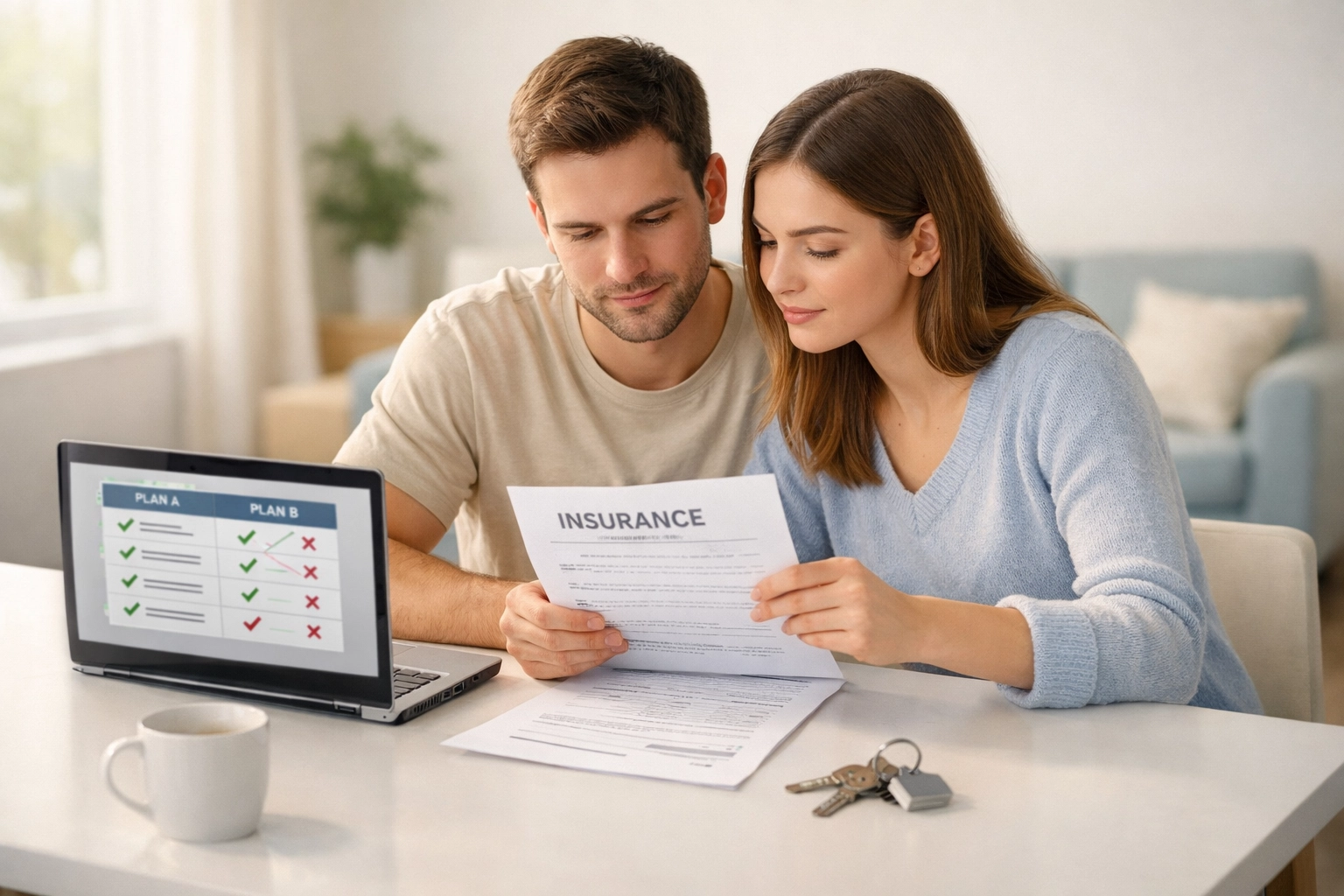 Couple reviewing bundled car and home insurance quotes in Pennsylvania to save money