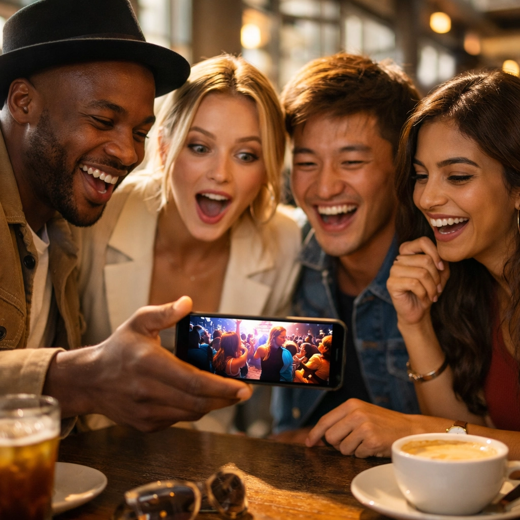 Friends sharing a viral Instagram Reel on a smartphone to increase social media growth and engagement.