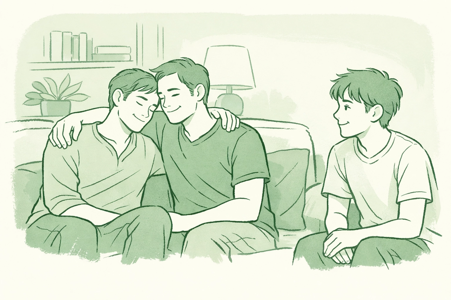 LGBTQ+ family moment with gay couple and teenage son bonding on living room couch
