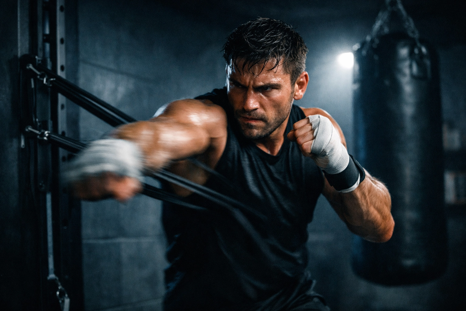 MMA fighter performing resisted strikes using bands anchored to a full body workout home system.