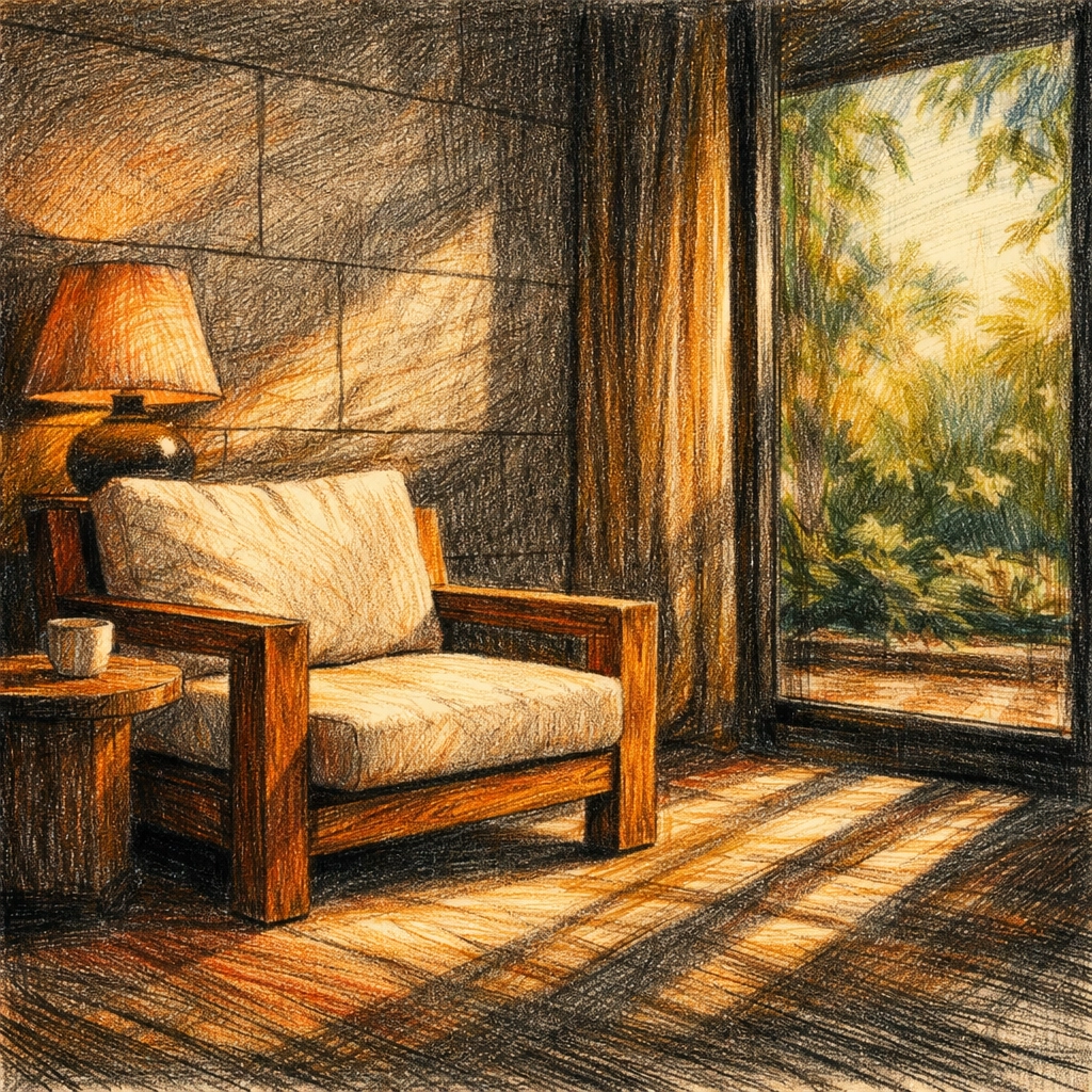 Relaxed luxury hotel lounge with an oak armchair and limestone walls designed by André Fu.