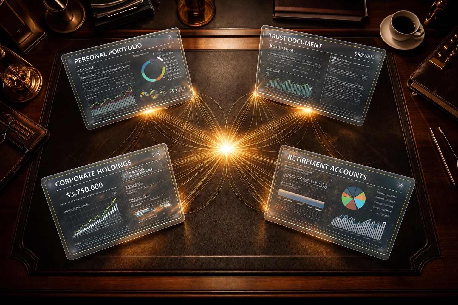 Top view of a desk with portfolios, trusts, and retirement accounts unified by glowing connections, illustrating integrated wealth management.