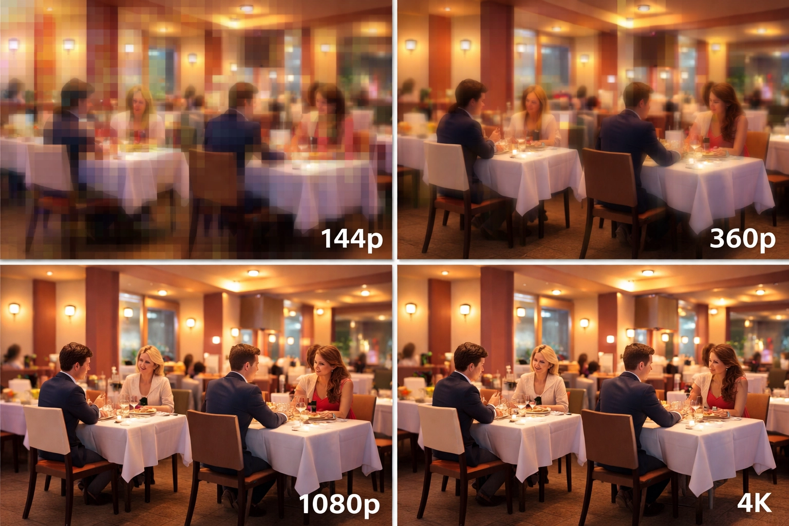 Restaurant dining room comparison at four different camera resolutions, highlighting quality differences
