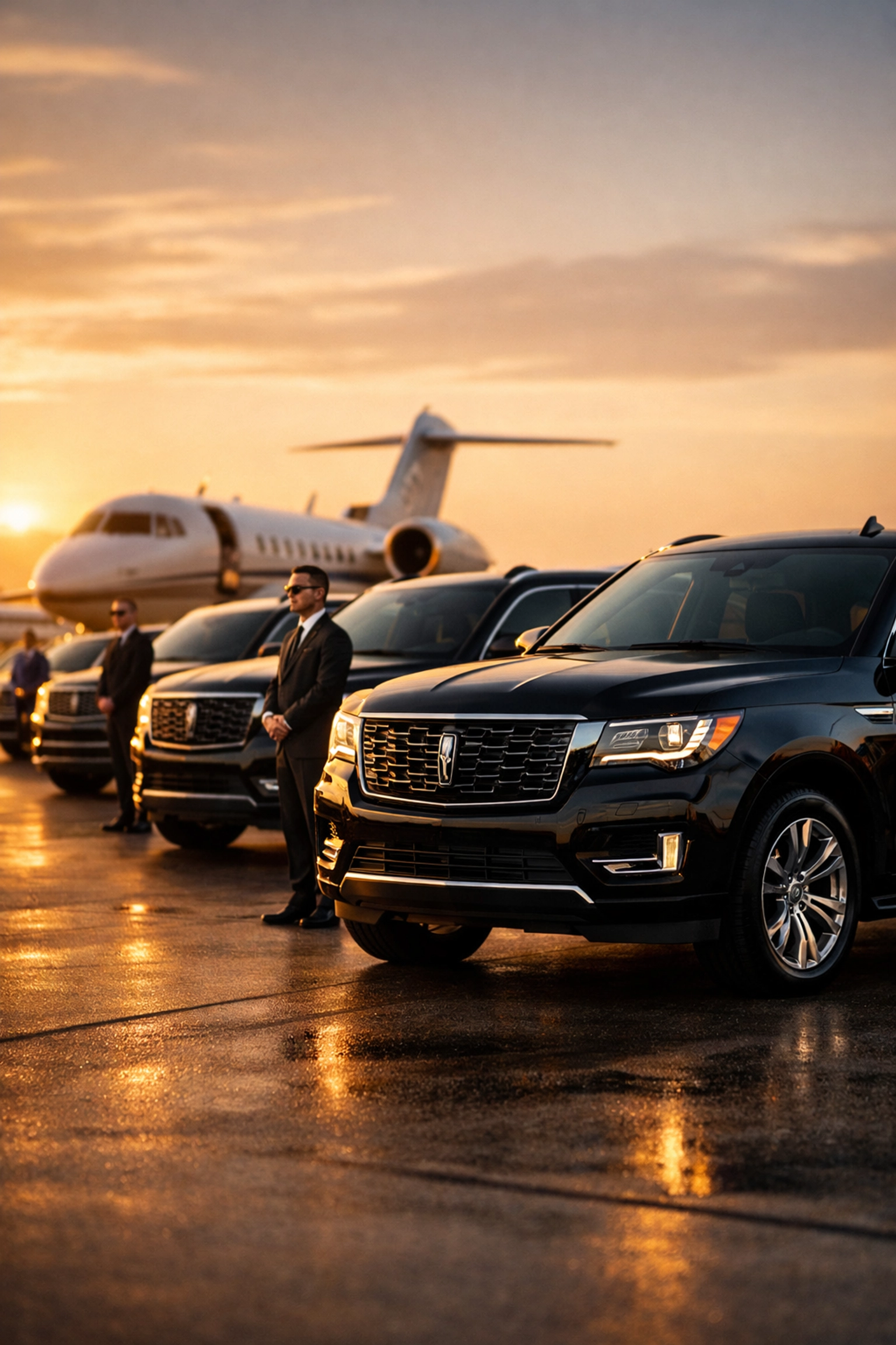 Executive luxury SUV fleet with chauffeurs providing corporate transportation services