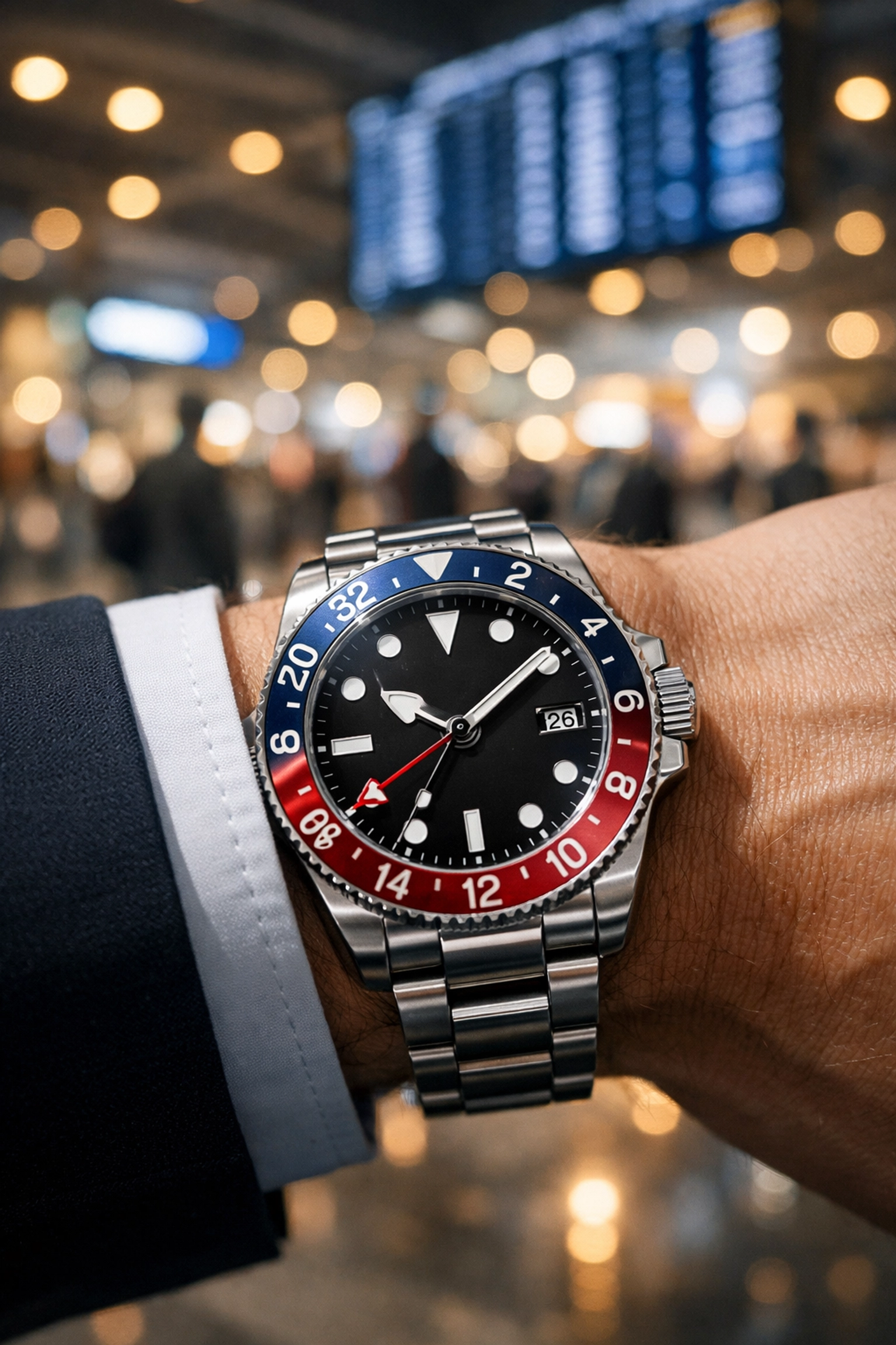 A professional GMT watch tracking multiple time zones for scheduling global business meetings efficiently.