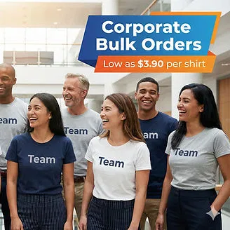 Group of diverse professionals wearing custom “Team” T-shirts, showcasing high-quality bulk screen printing.