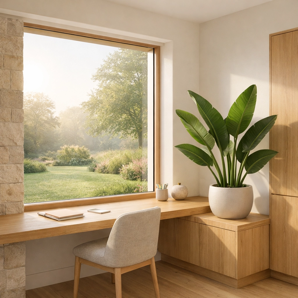 Sustainable Phoenix home office addition with energy-efficient windows and natural wood materials.