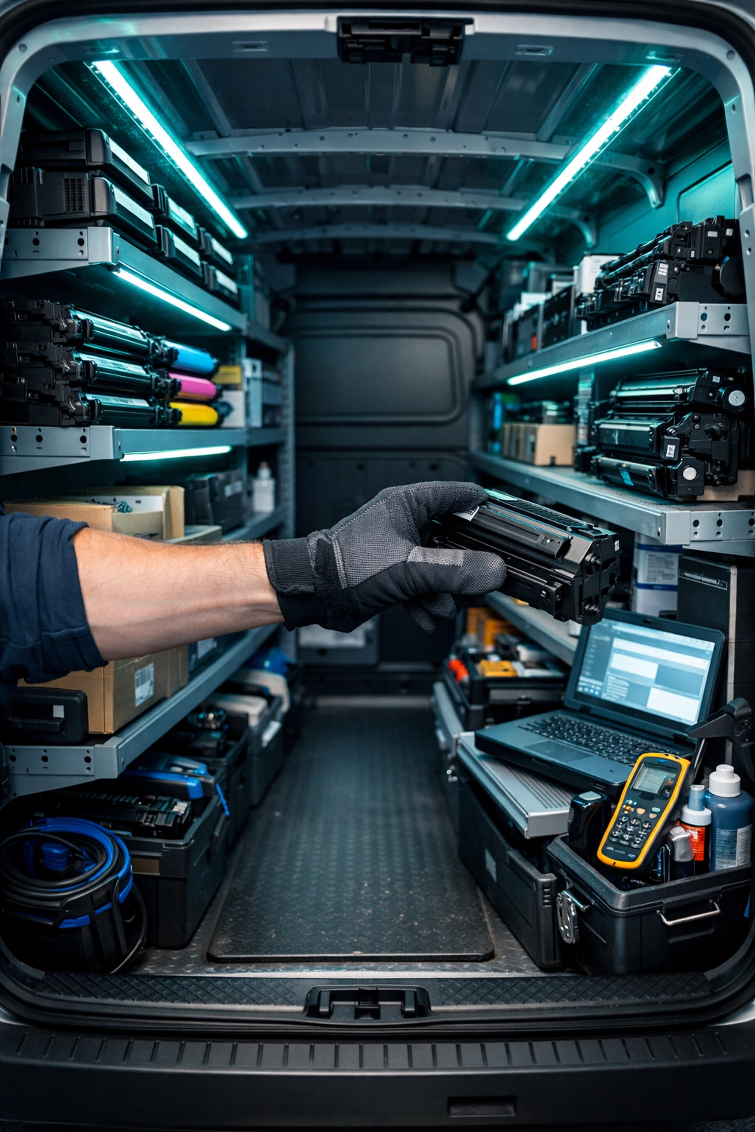 Mobile printer repair service van stocked with replacement parts and diagnostic tools for onsite support