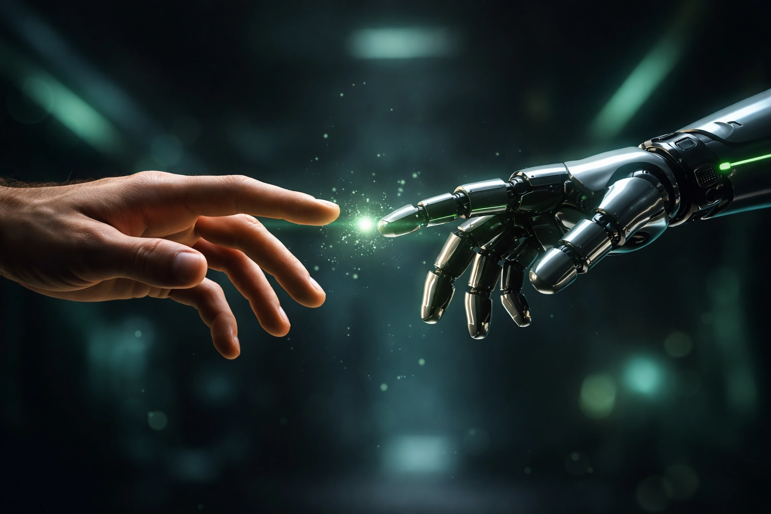 Human and AI hands reaching out against a dark background, symbolizing creative collaboration in video production