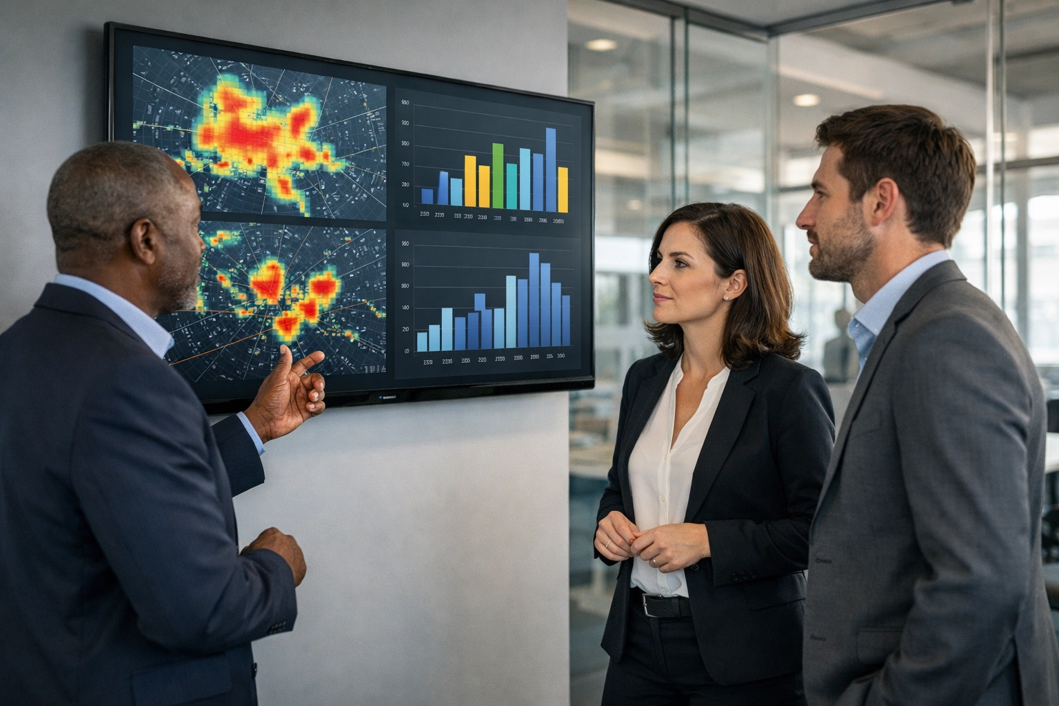 Professionals analyzing smart city data analytics and engagement metrics on a digital display.