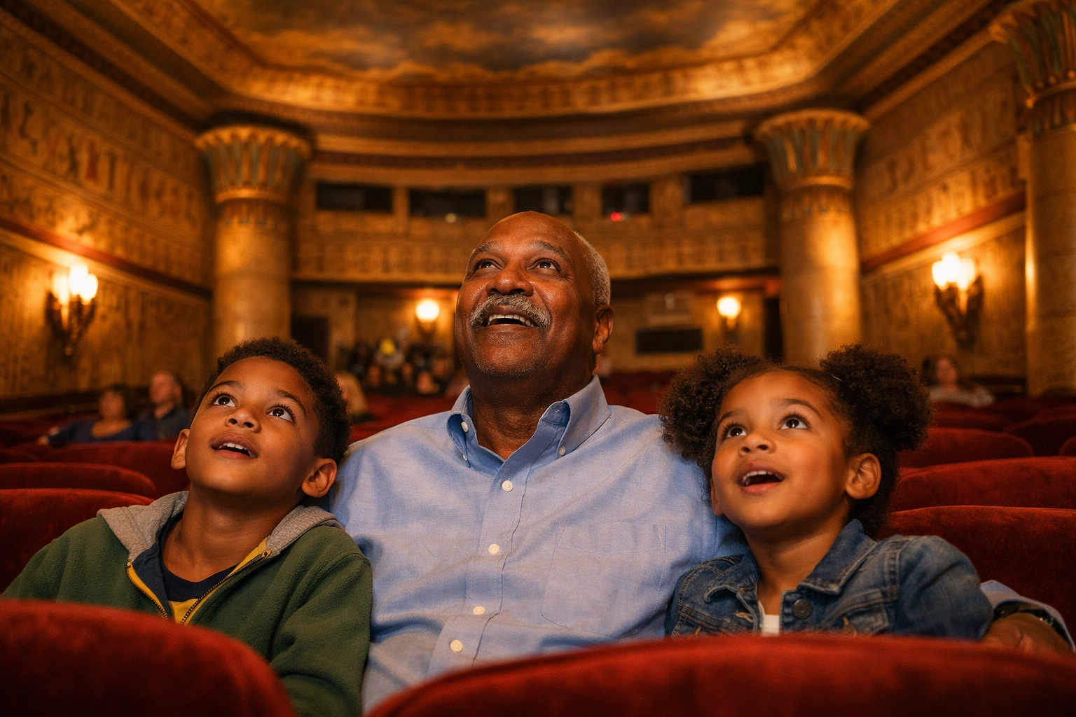 A family admires the Egyptian Revival auditorium at the historic Grand Lake Theater, a hub for arts and culture Oakland.