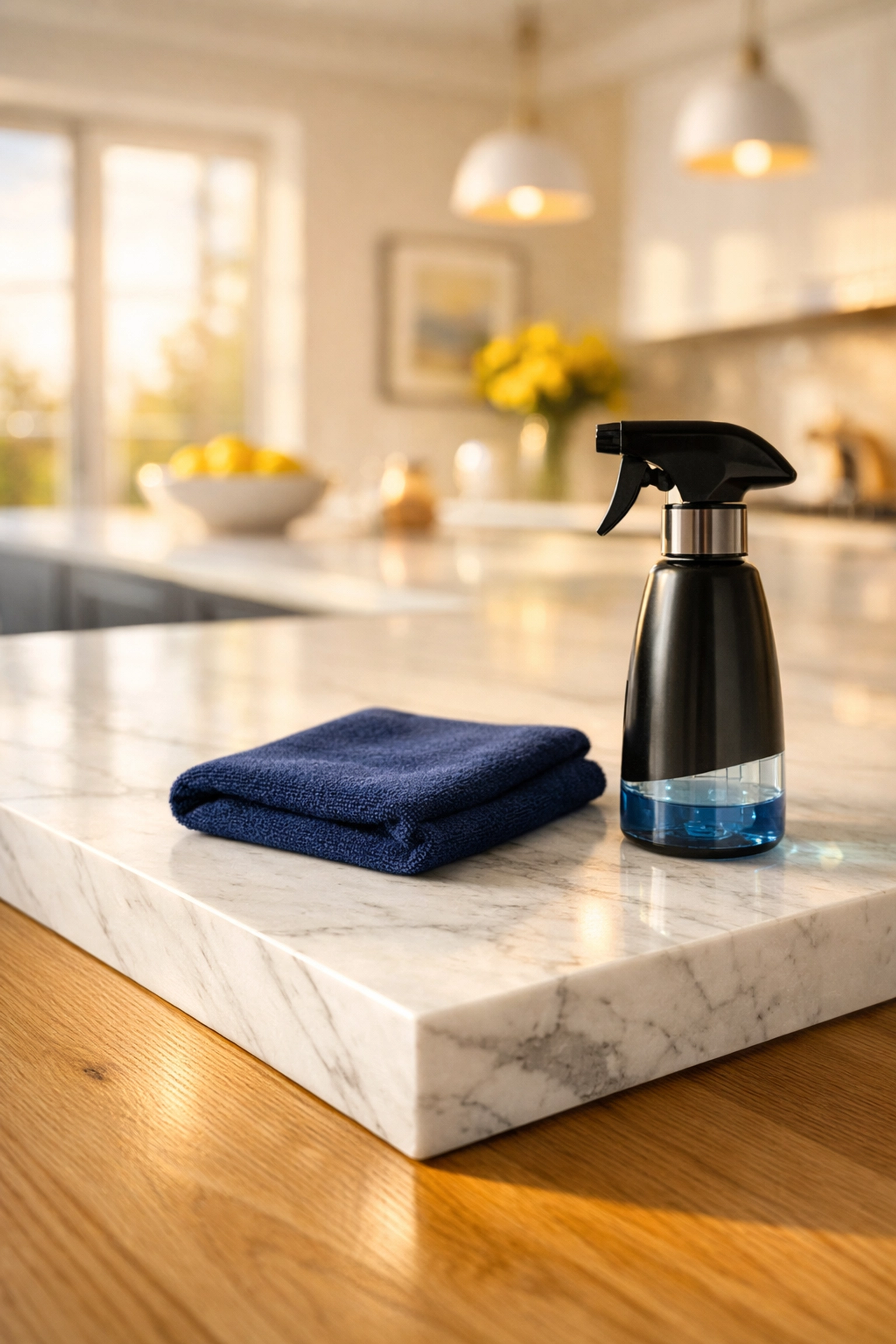 Eco-friendly post construction cleaning Franklin on a luxury marble kitchen countertop.