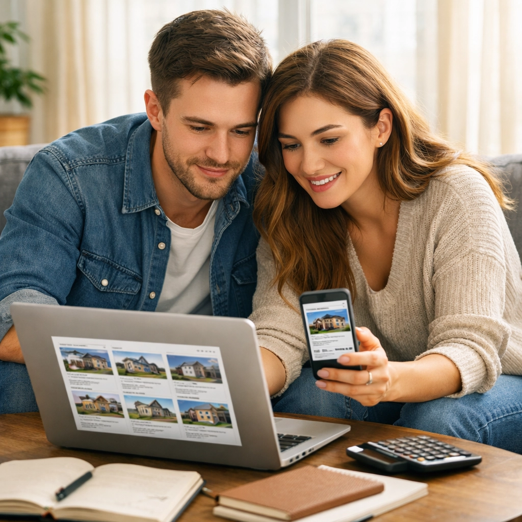 Young couple searching for Connecticut homes online using laptop and smartphone