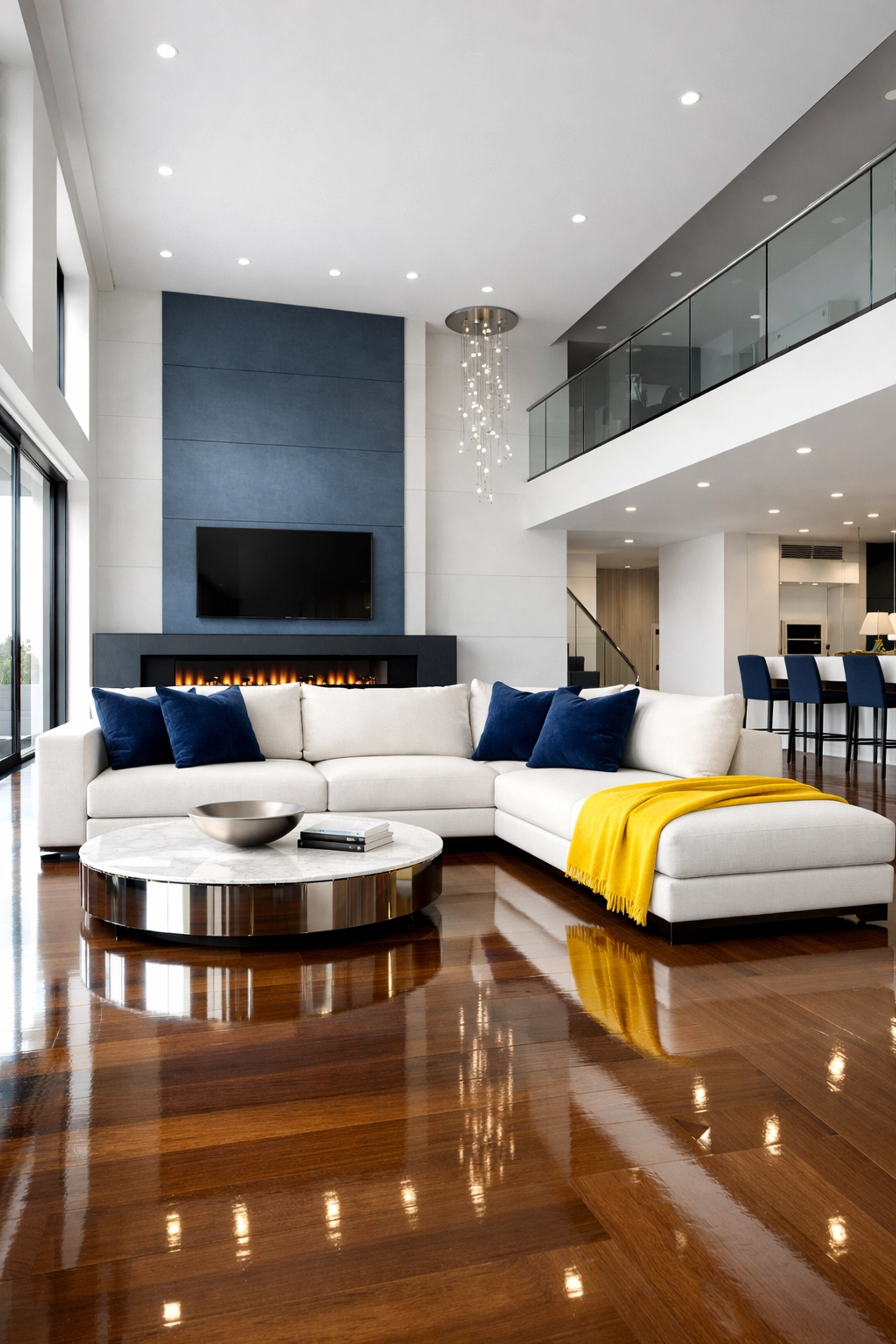 Spotless living room with shiny hardwood floors after eco-friendly luxury cleaning in Groton.