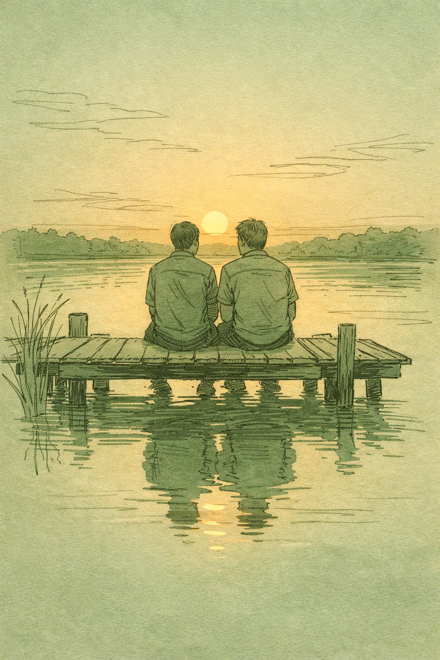 Gay romance couple on summer dock representing nostalgic second chance love story