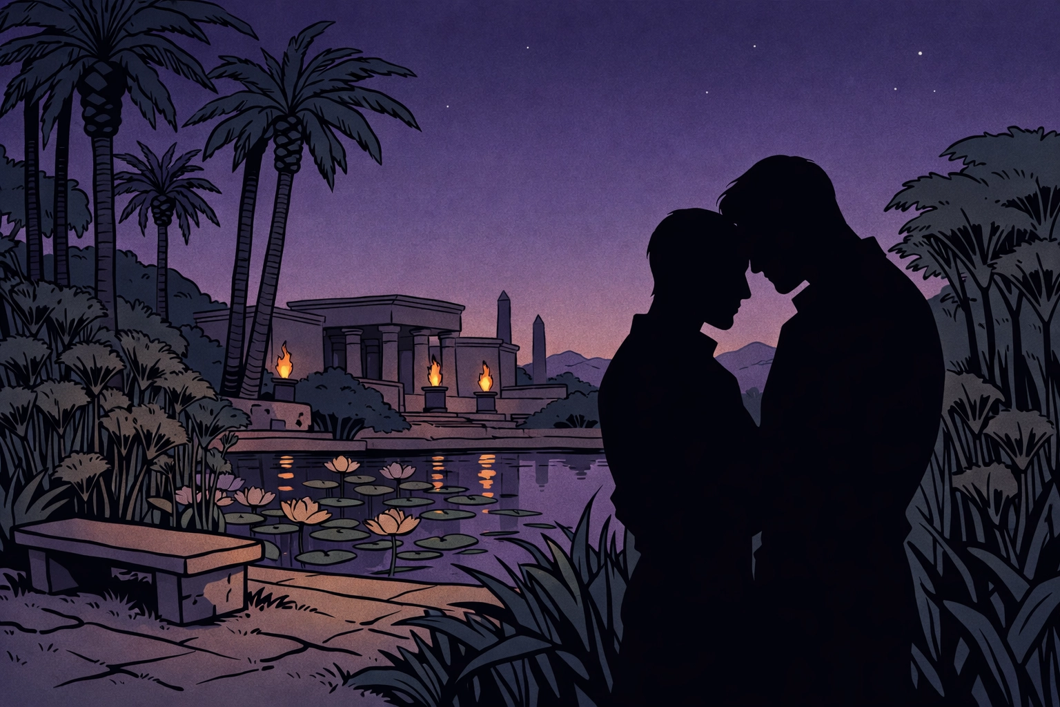 Two male lovers embrace freely in secluded Egyptian palace garden at twilight, away from court intrigue