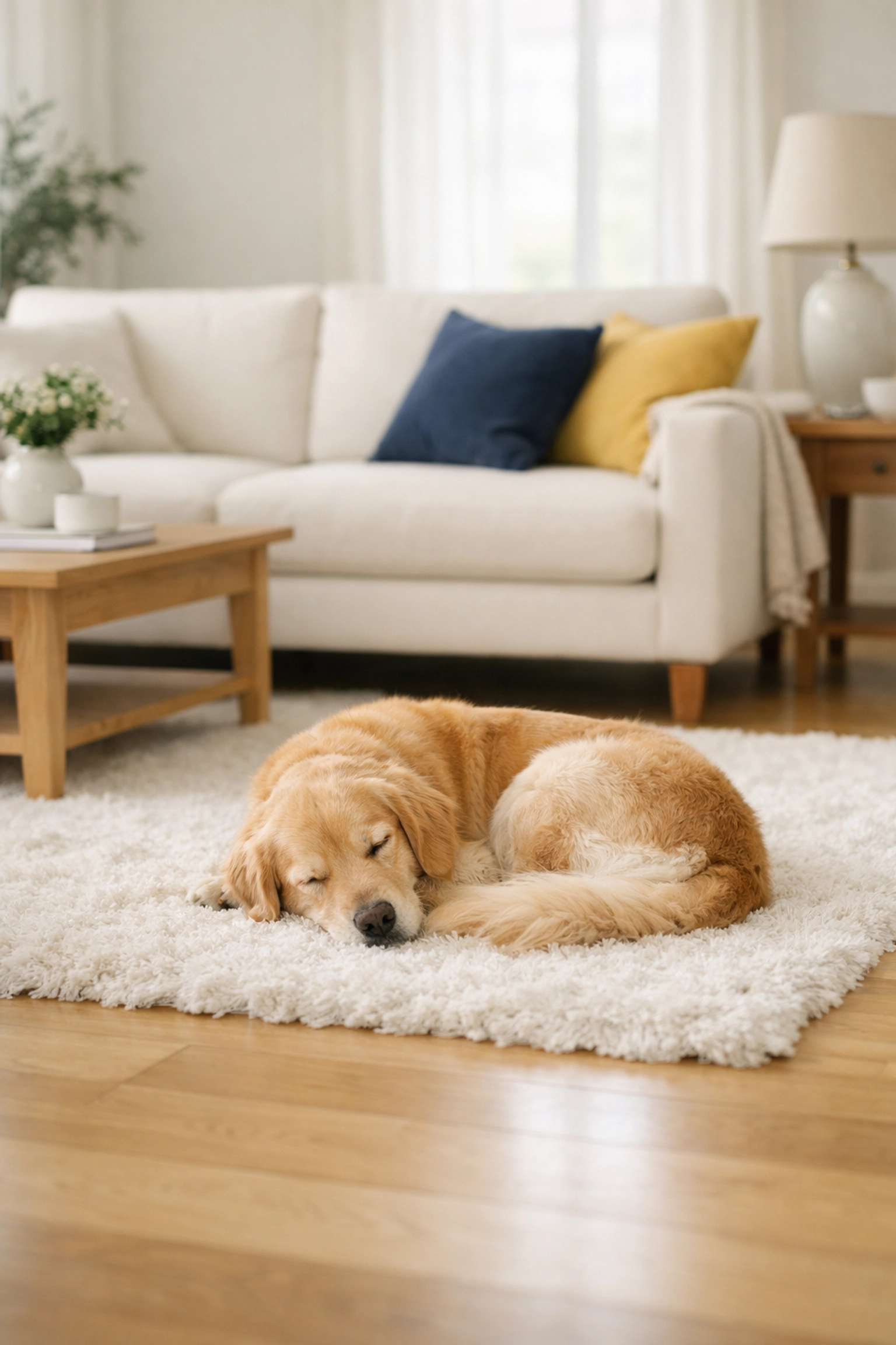Clean living room in Stow with a dog on a rug, highlighting pet-safe eco-friendly cleaning services.