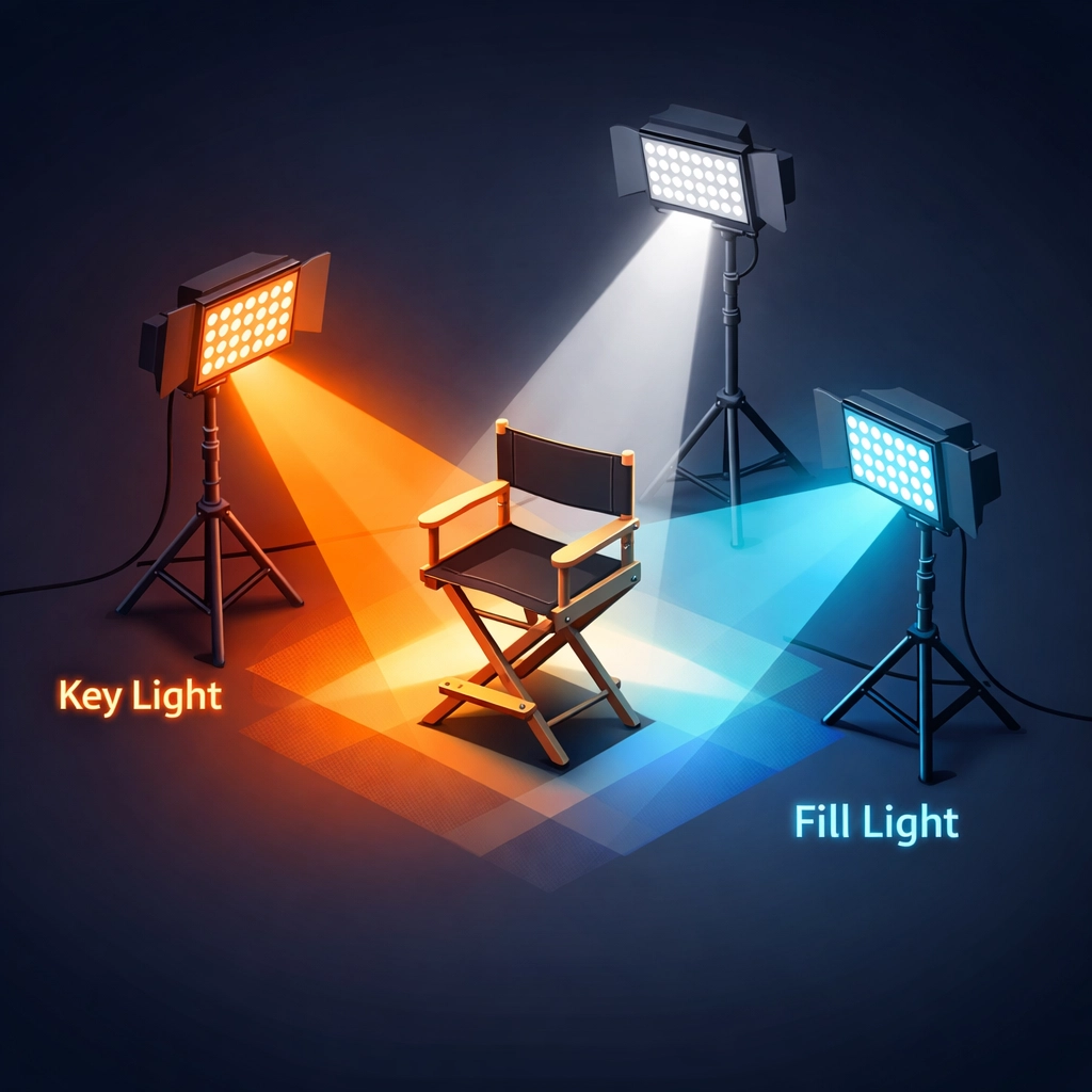 Three-point lighting setup diagram for professional video creation by Simon Leung